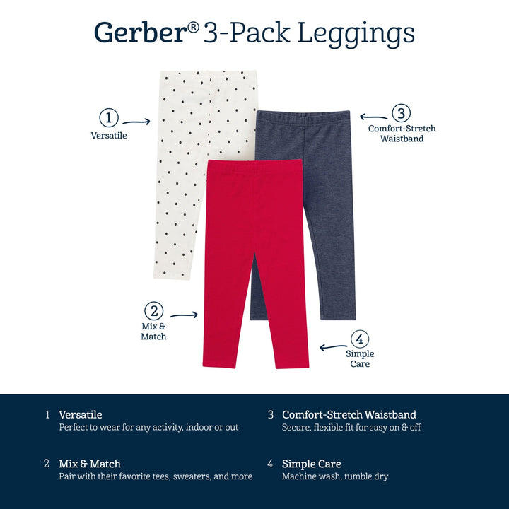 3-Pack Baby & Toddler Girls Red, Blue and Polka Dot Leggings bottoms Gerber® 
