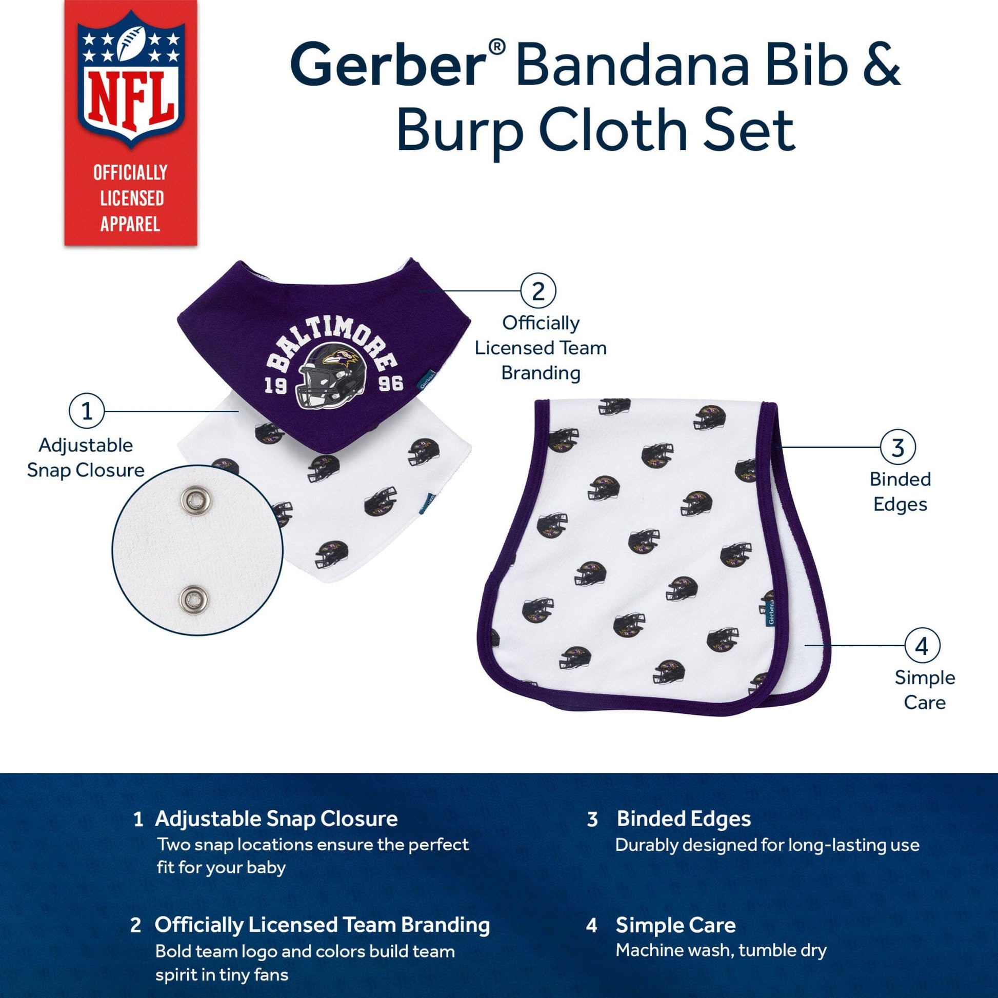 3-Piece Baby Baltimore Ravens Bibs and Burp Cloth Set NFL NFL 
