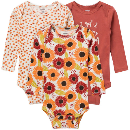 3-Pack Baby Girls Sunflower Long Sleeve Onesies® Bodysuits