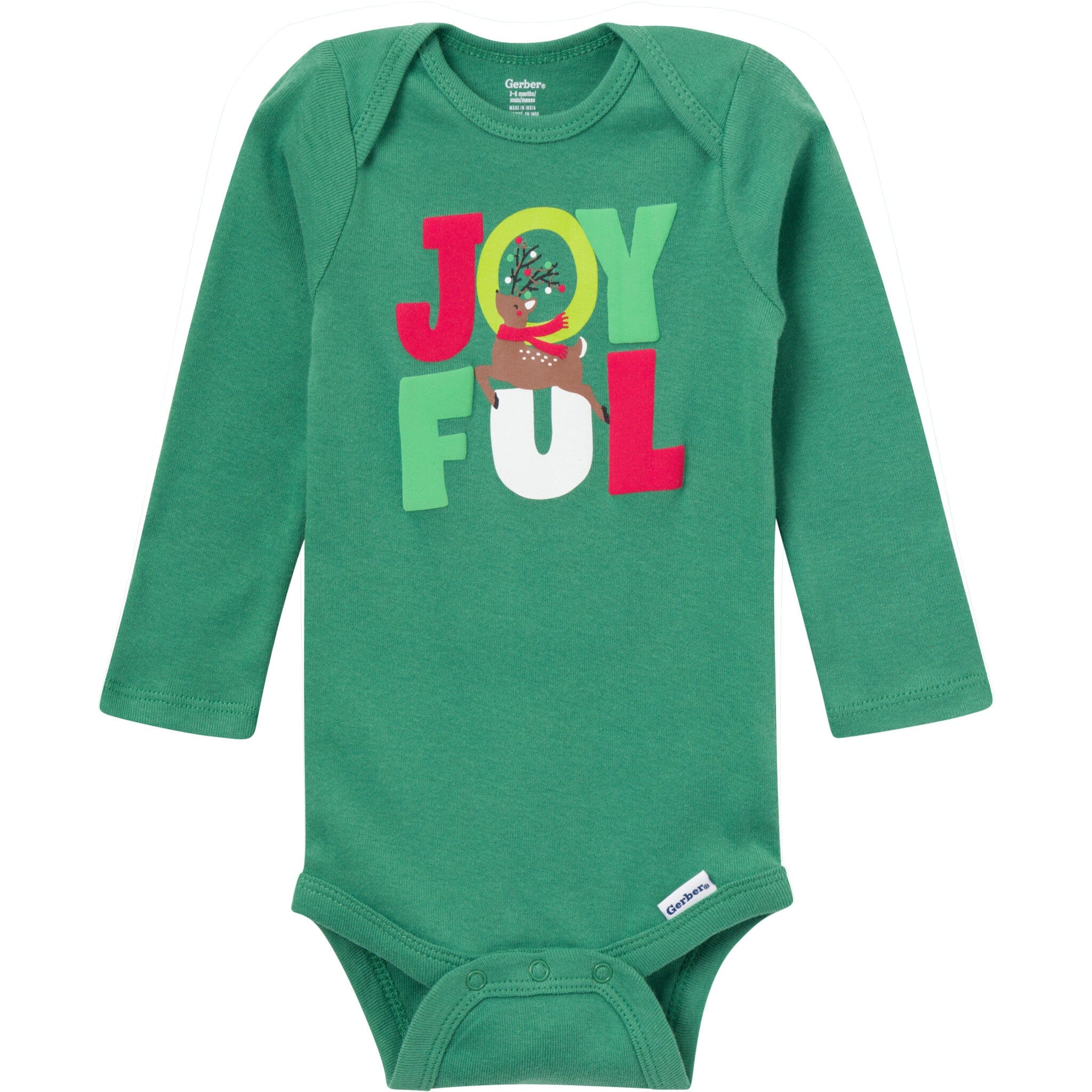 Green baby onesie with 'JOYFUL' print on a white background
