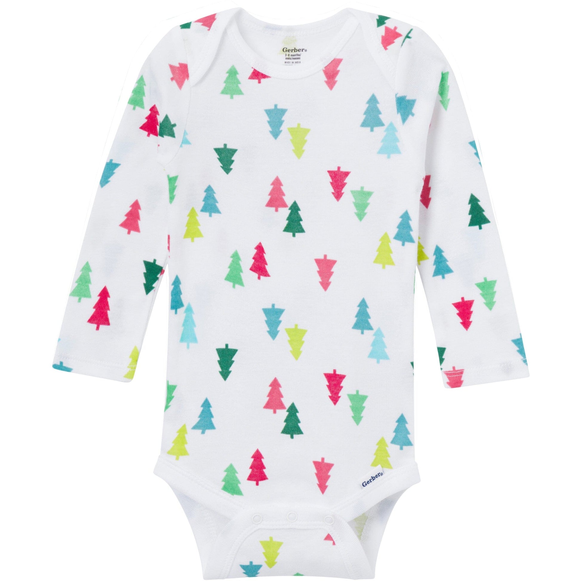 Baby onesie with colorful Christmas tree pattern on a white background
