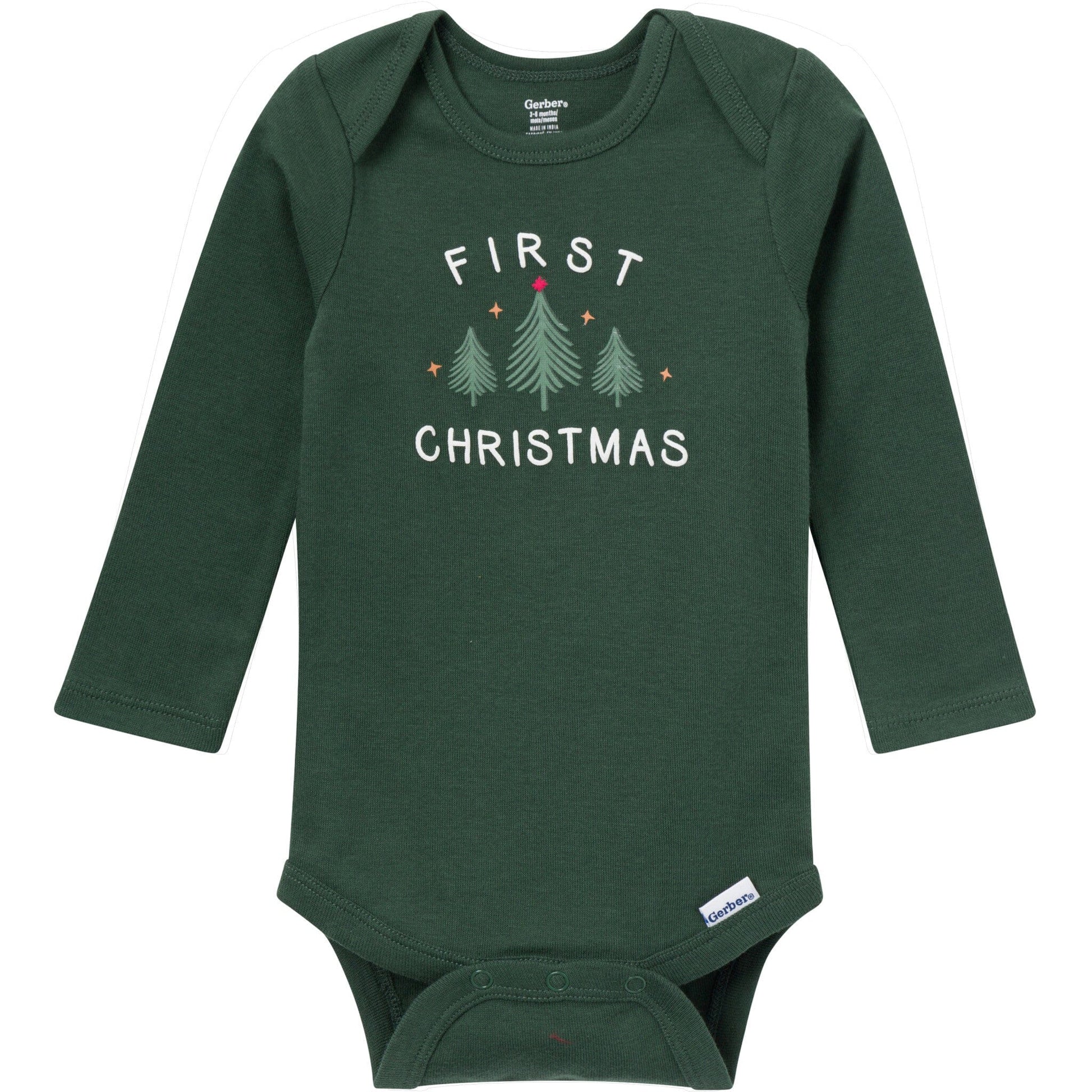 Green baby onesie with 'First Christmas' text and tree graphics on a white background