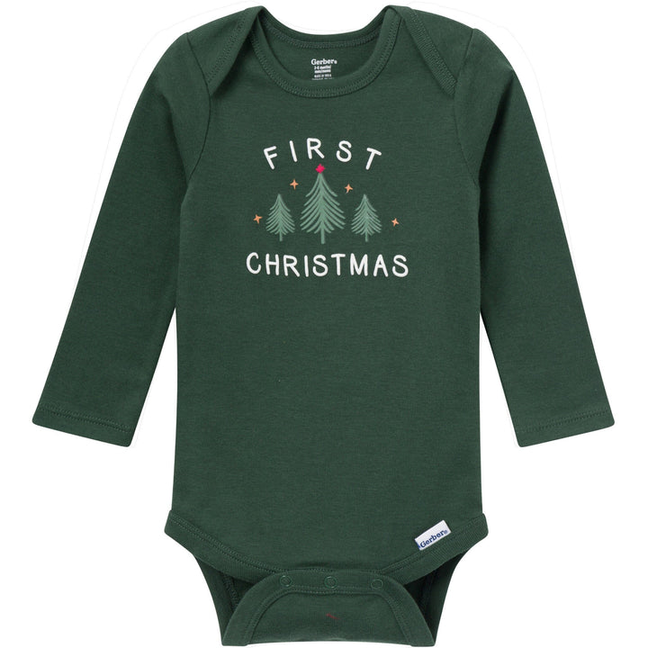 Green baby onesie with 'First Christmas' text and tree graphics on a white background
