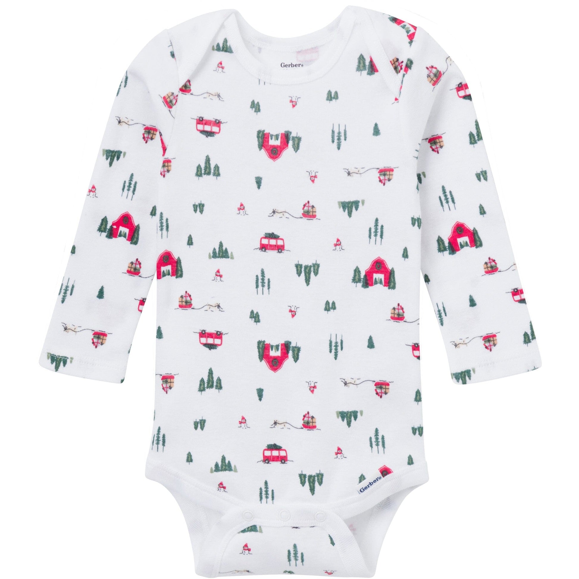 Baby onesie with camping pattern on a white background