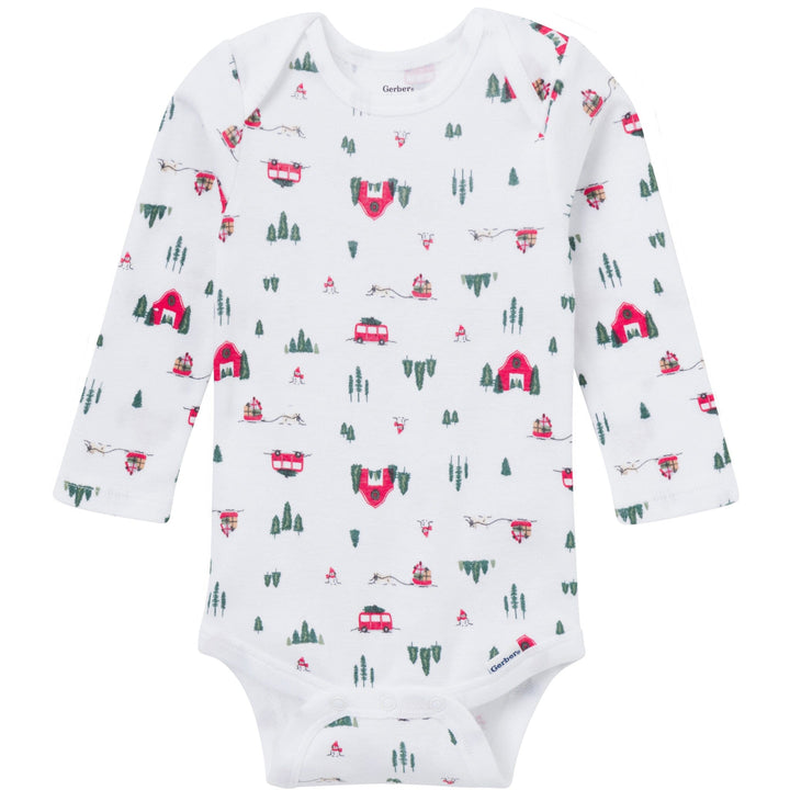 Baby onesie with camping pattern on a white background