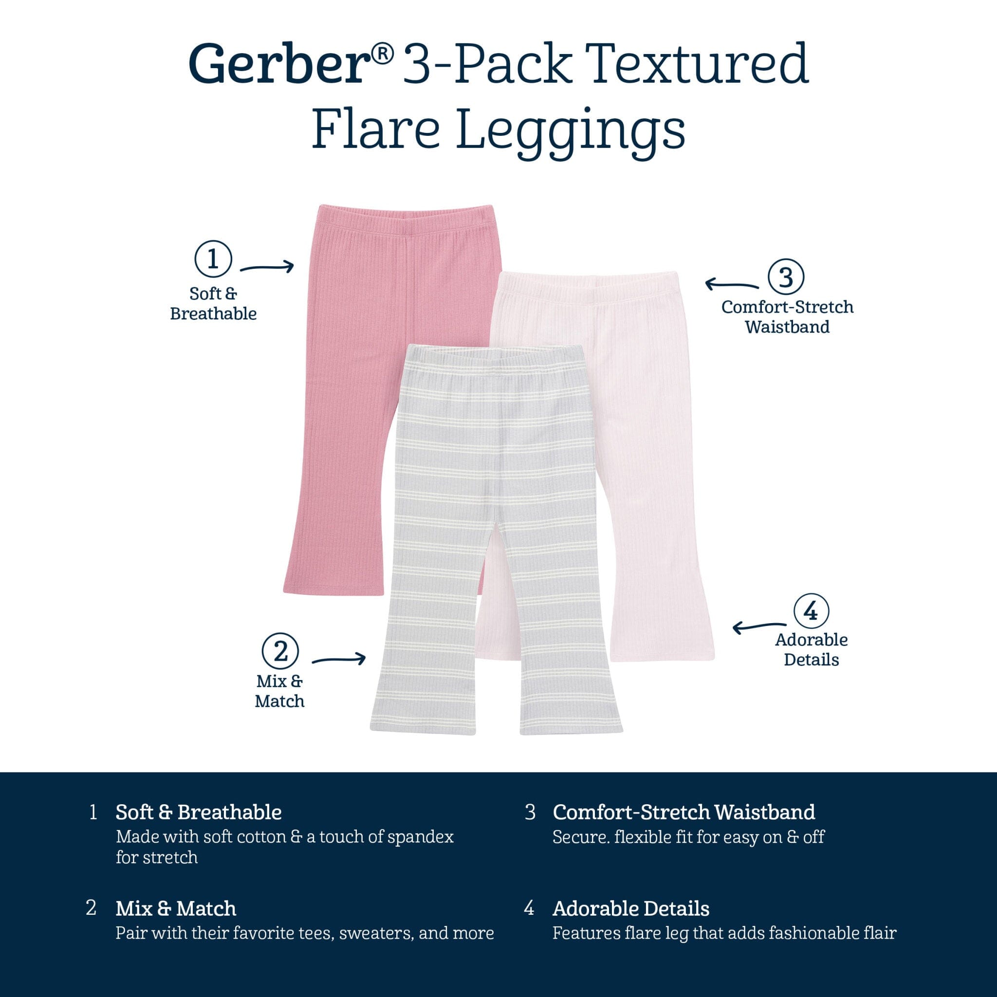 3-Pack Infant & Toddler Girls Gray and Pink Ribbed Flare Leggings bottoms Gerber® 