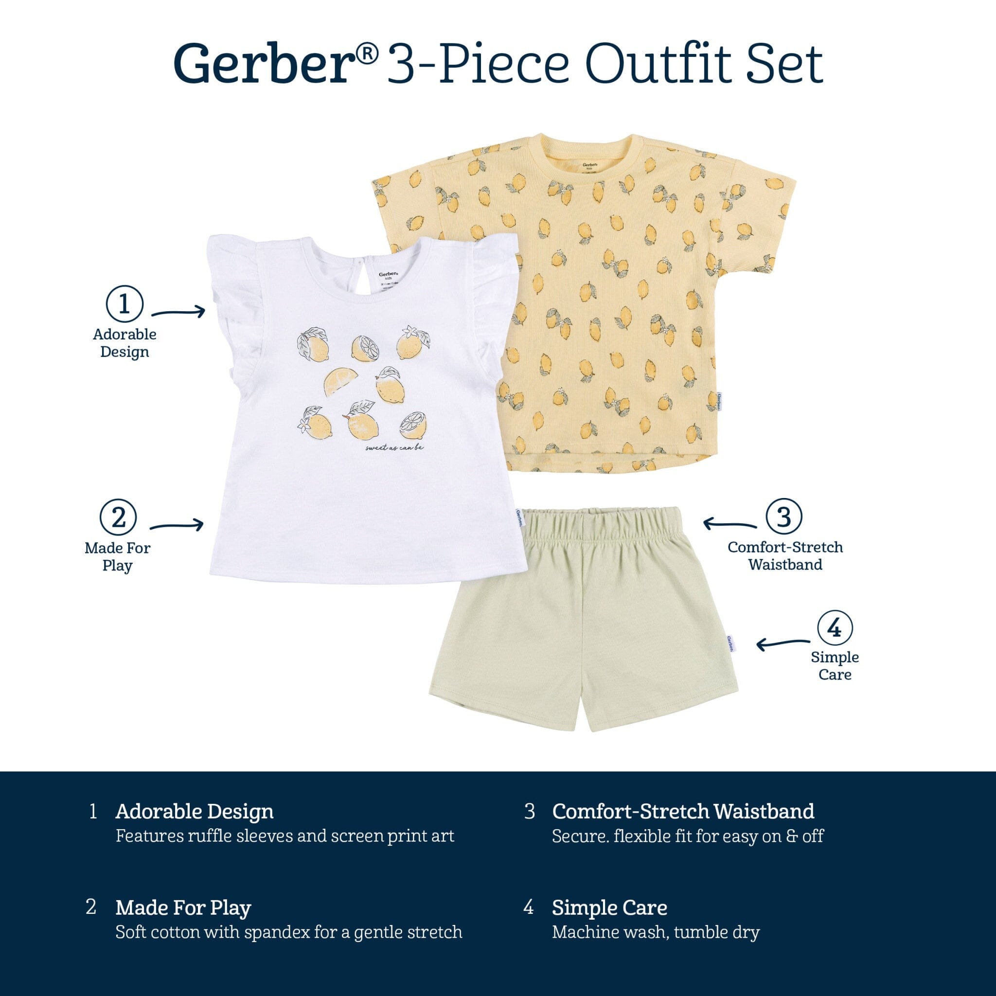 3-Piece Infant & Toddler Girls Lemons Shirt and Shorts Set outfits Gerber® 