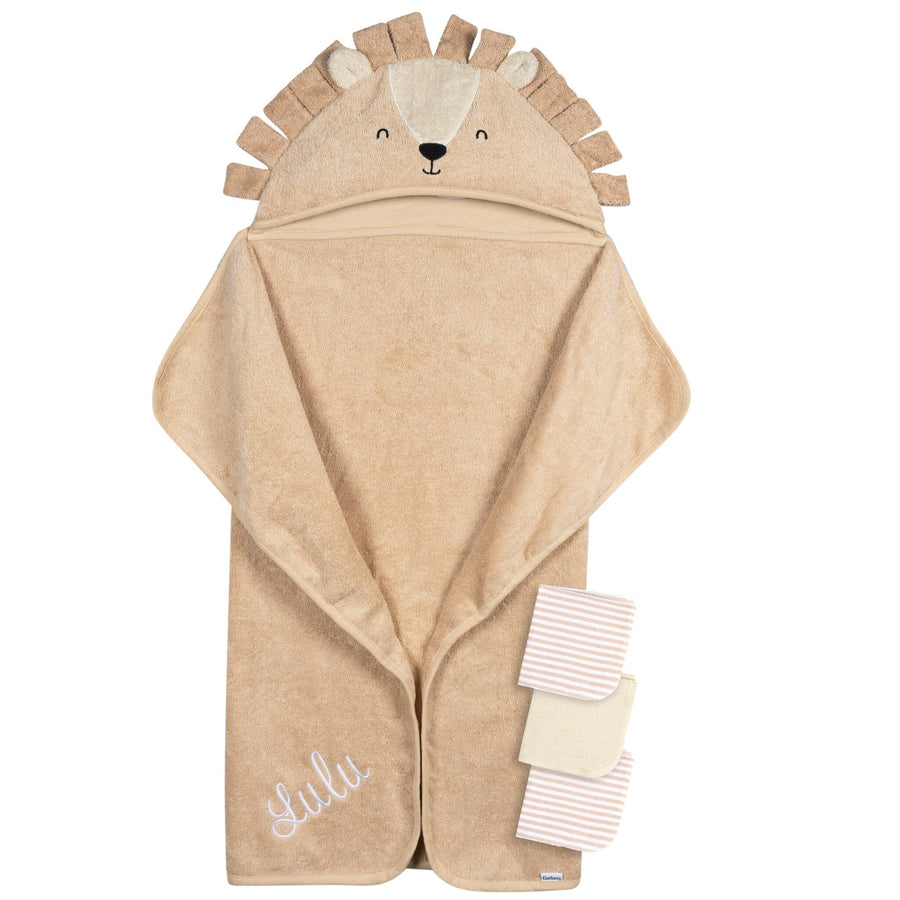 Embroidered 4-Piece Baby Neutral Brown Lion Towel Washcloths Set