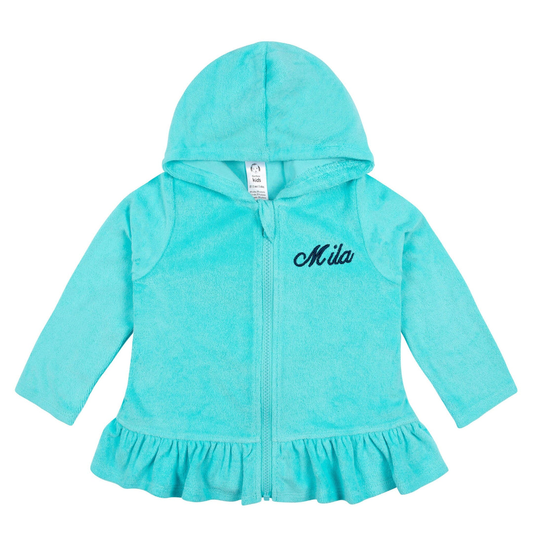 Embroidered Baby Toddler Girls Aqua Hooded Zip Front Terry Swim
