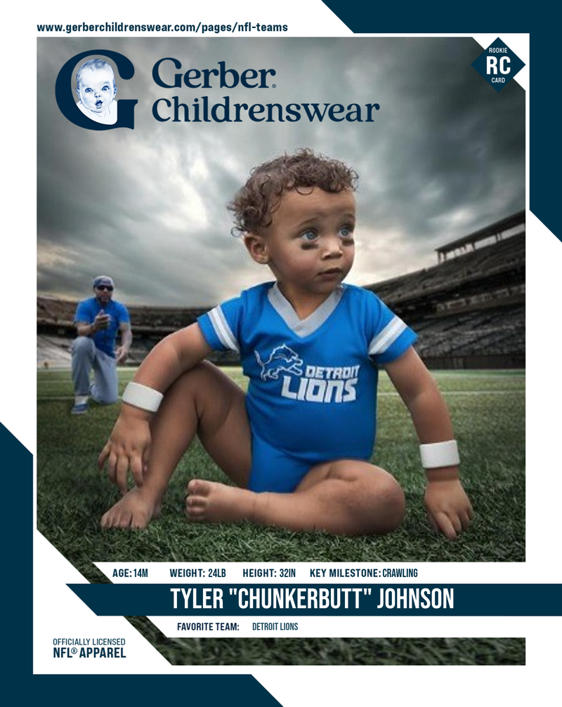 Advertisement for Gerber Childrenswear featuring a child in a Detroit Lions jersey on a football field.