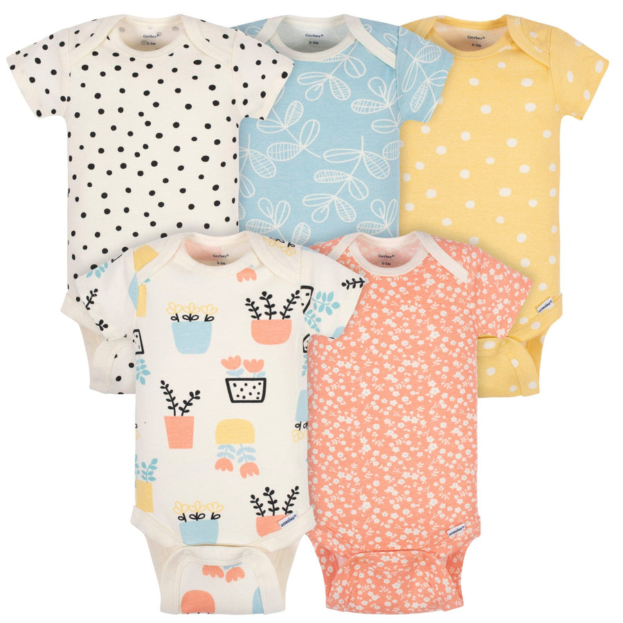 5-Pack Baby Girls Comfy Stretch Flower Pot Short Sleeve Onesies