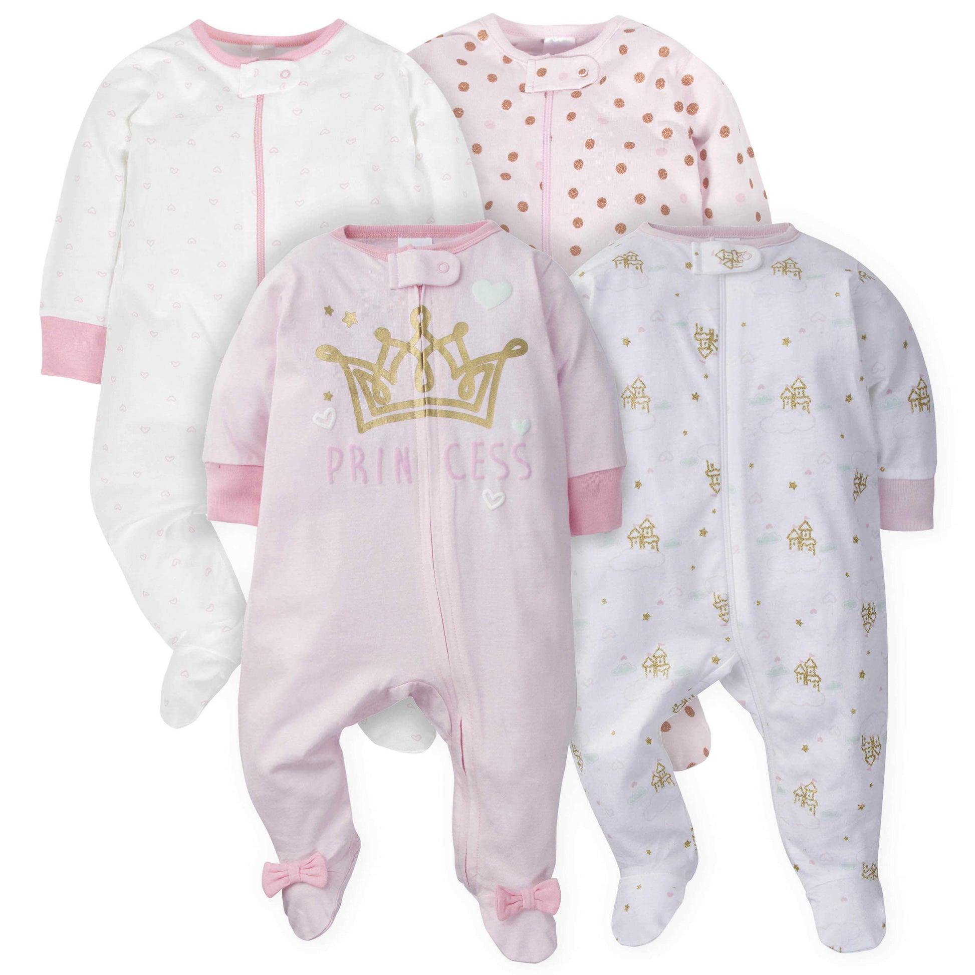 4-Pack Baby Girls Castle Zip Front Sleep ‘N Plays With Mitten Cuffs