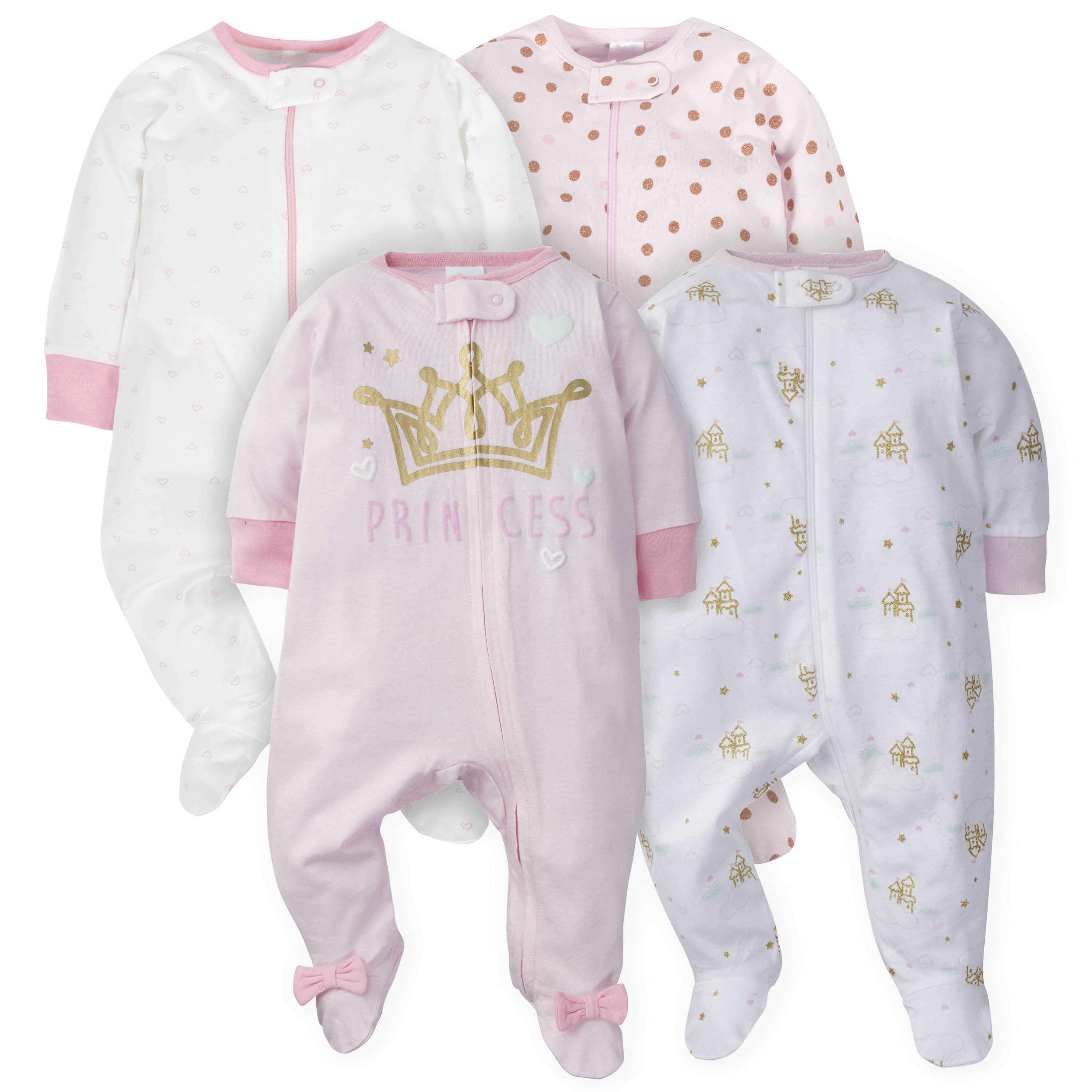 4-Pack Baby Girls Castle Zip Front Sleep ‘N Plays With Mitten Cuffs