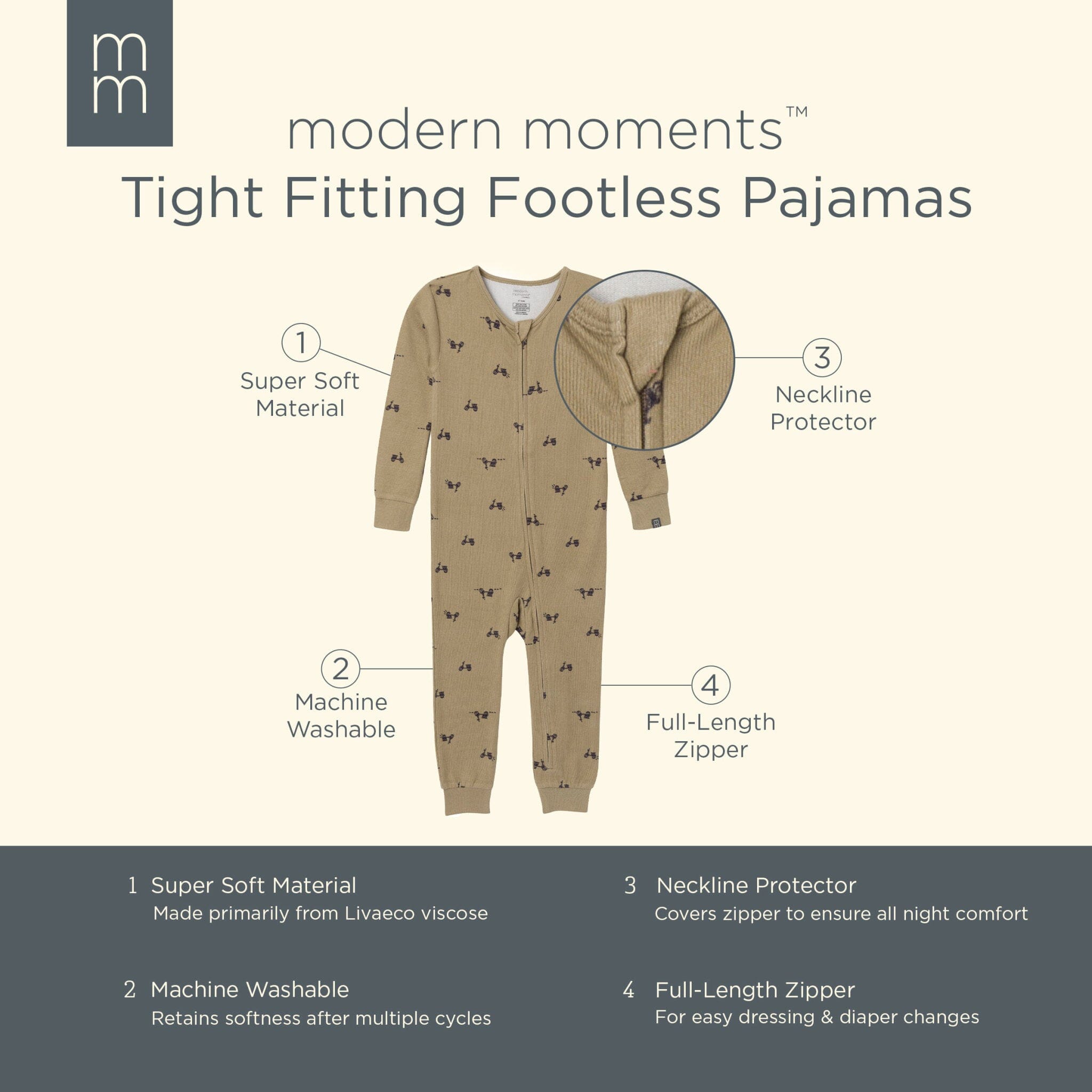 Baby & Toddler Neutral Olive Scooters Snug Fit Footless Pajamas Sleepwear Modern Moments™ by Gerber® 