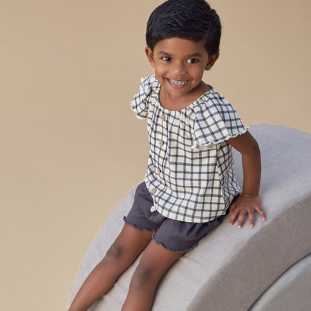 Infant & Toddler Girls Dark Grey Plaid Ruffle Sleeve Top