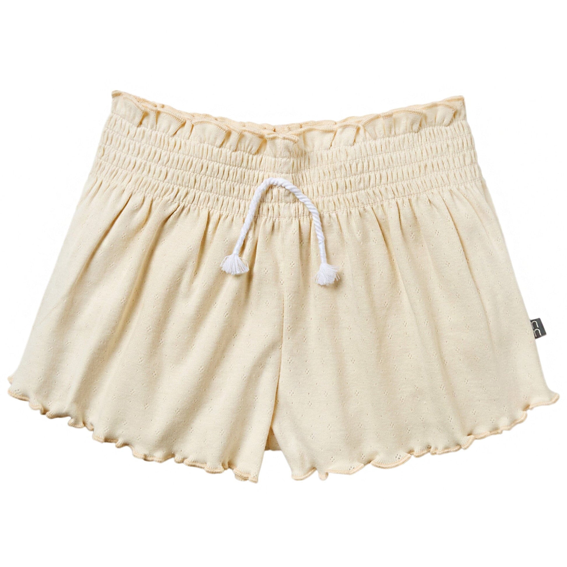 Beige shorts with a drawstring on a white background