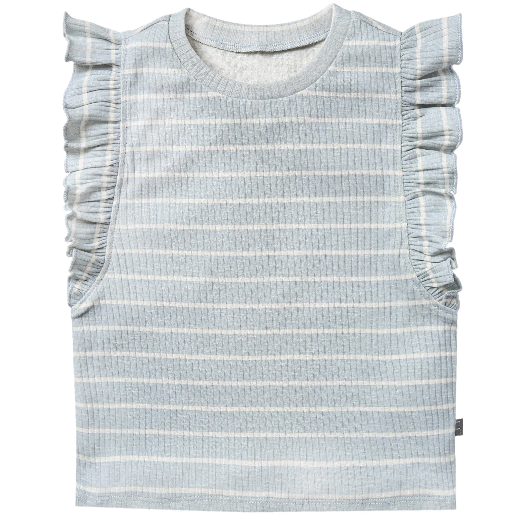 Light blue and white striped top with ruffled sleeves on a white background
