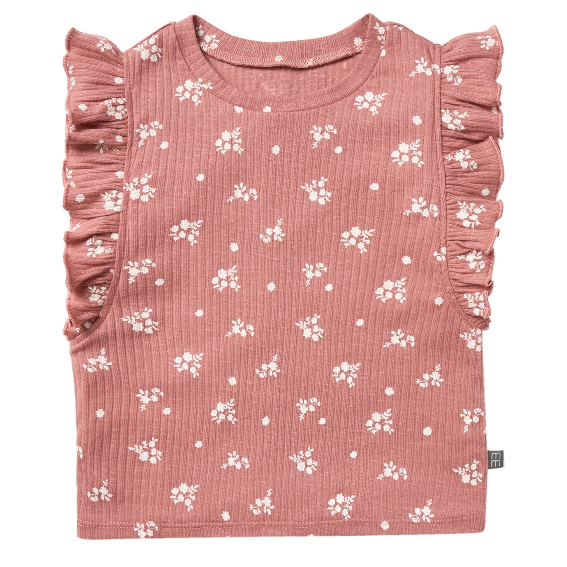 Pink floral top with ruffled sleeves on a white background