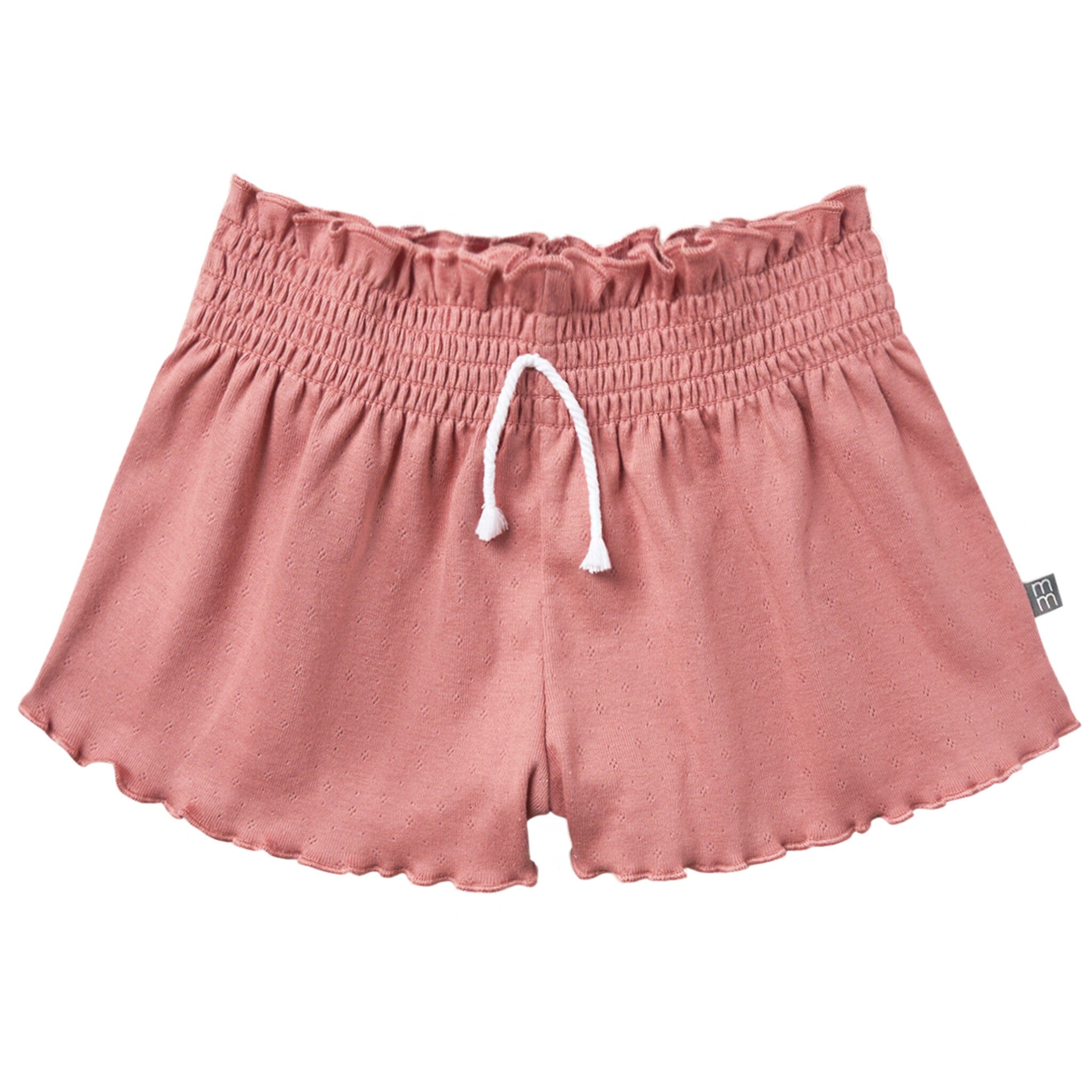 Pink shorts with a white drawstring on a white background