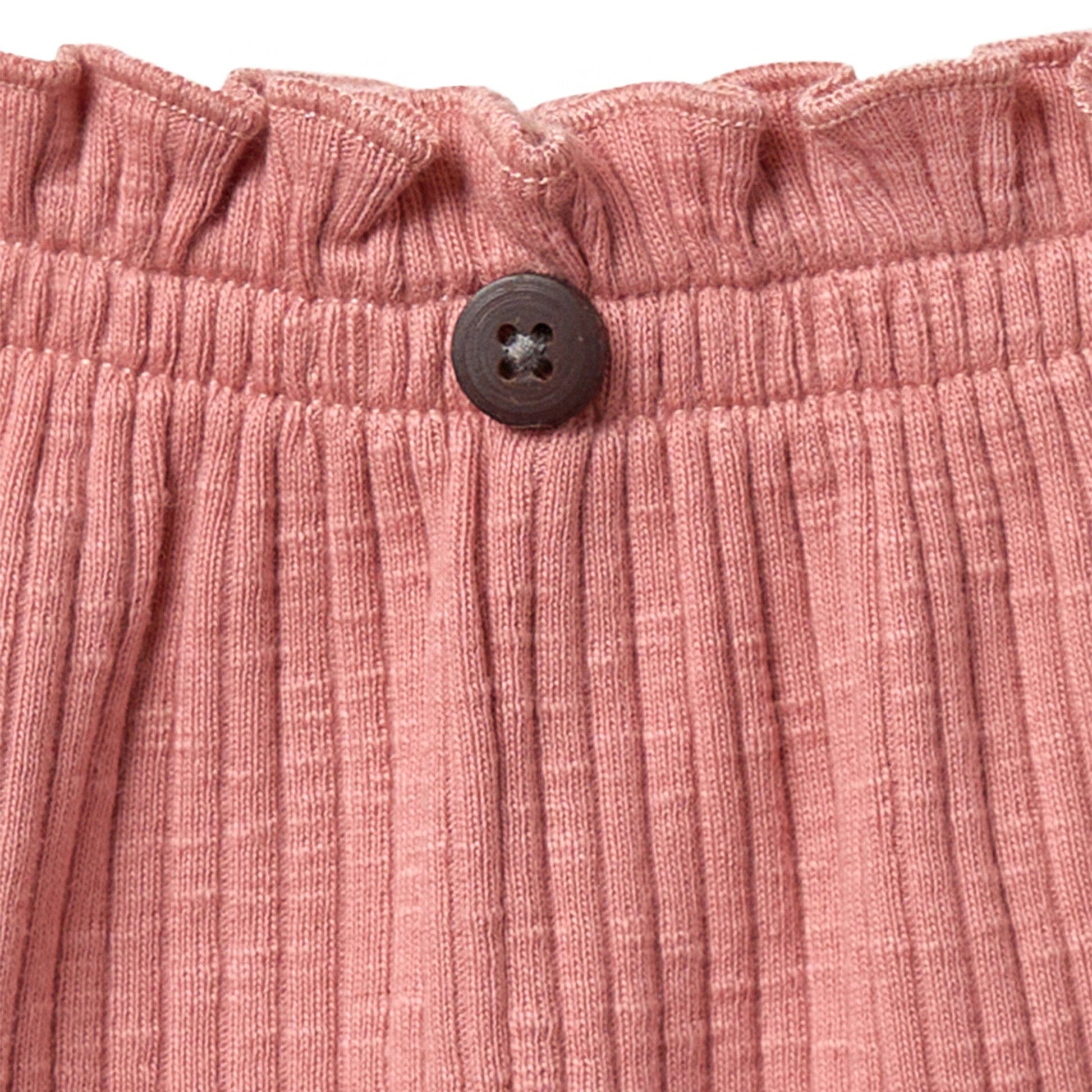 Close-up of pink textured fabric with a button on a matching background