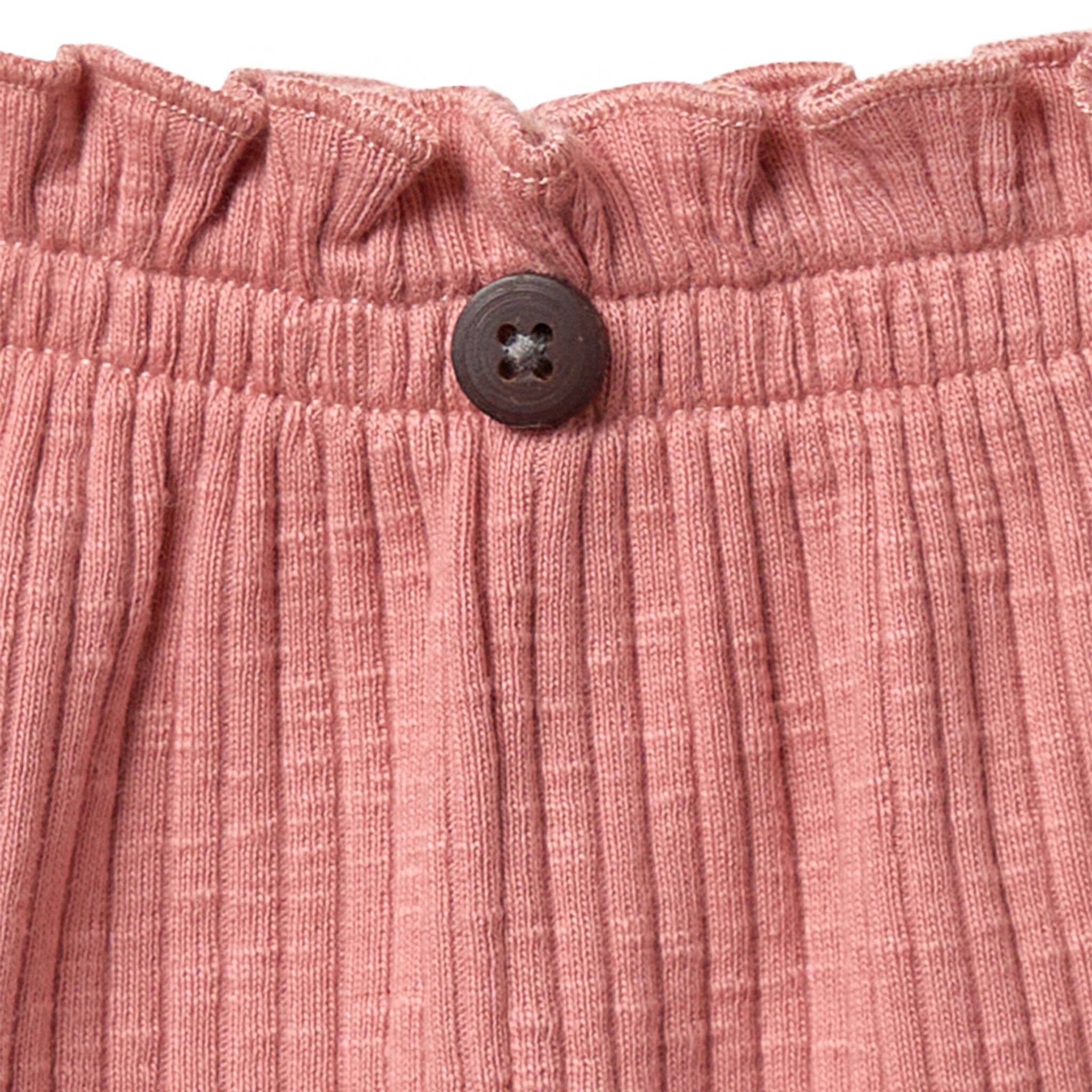 Close-up of pink textured fabric with a button on a matching background