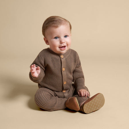 2-Piece Baby Neutral Brown Sweater Romper & Hat Set