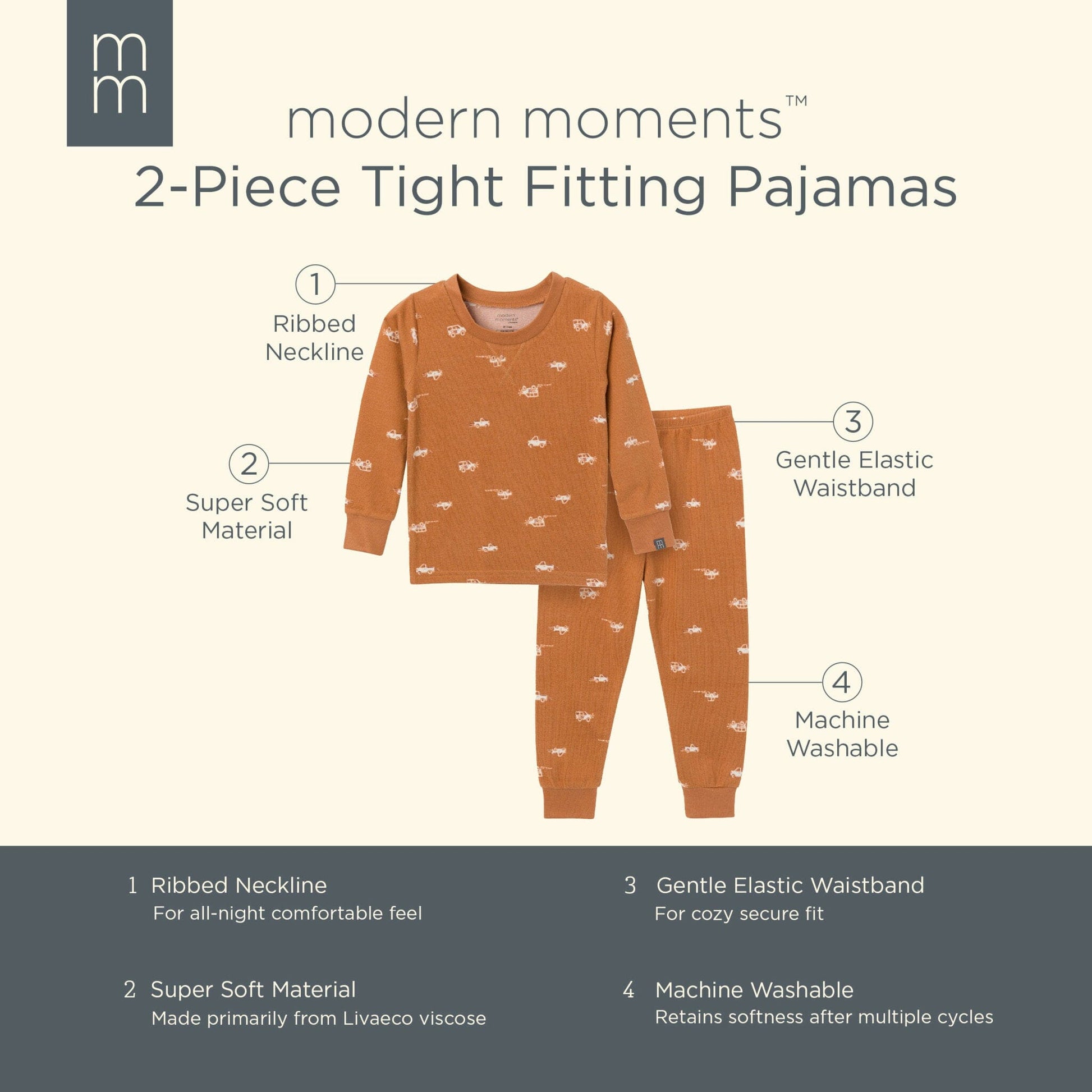 2-Piece Infant & Toddler Boys Lt Med Brown Cars Pajama Set Sleepwear Modern Moments™ by Gerber® 
