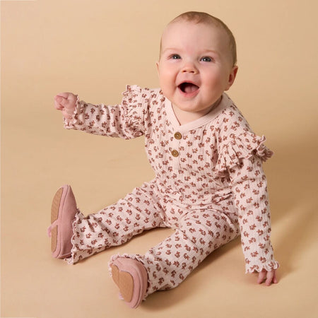 4-Piece Baby Girls Pink Petite Ditsy Henley Ruffle Tops and Pants Set