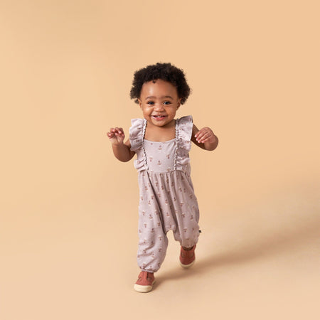 Baby Girls Lilac Stamp Fleur Ruffles Long Leg Romper