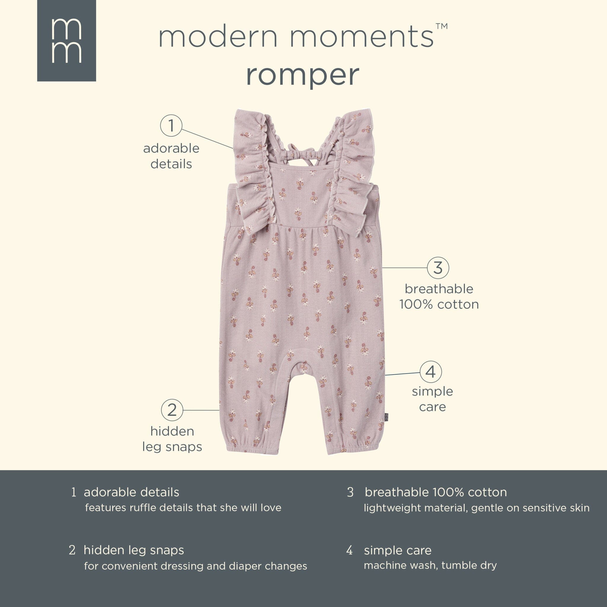 Baby Girls Light Lilac Stamp Fleur Ruffles Long Leg Romper rompers Modern Moments™ by Gerber® 