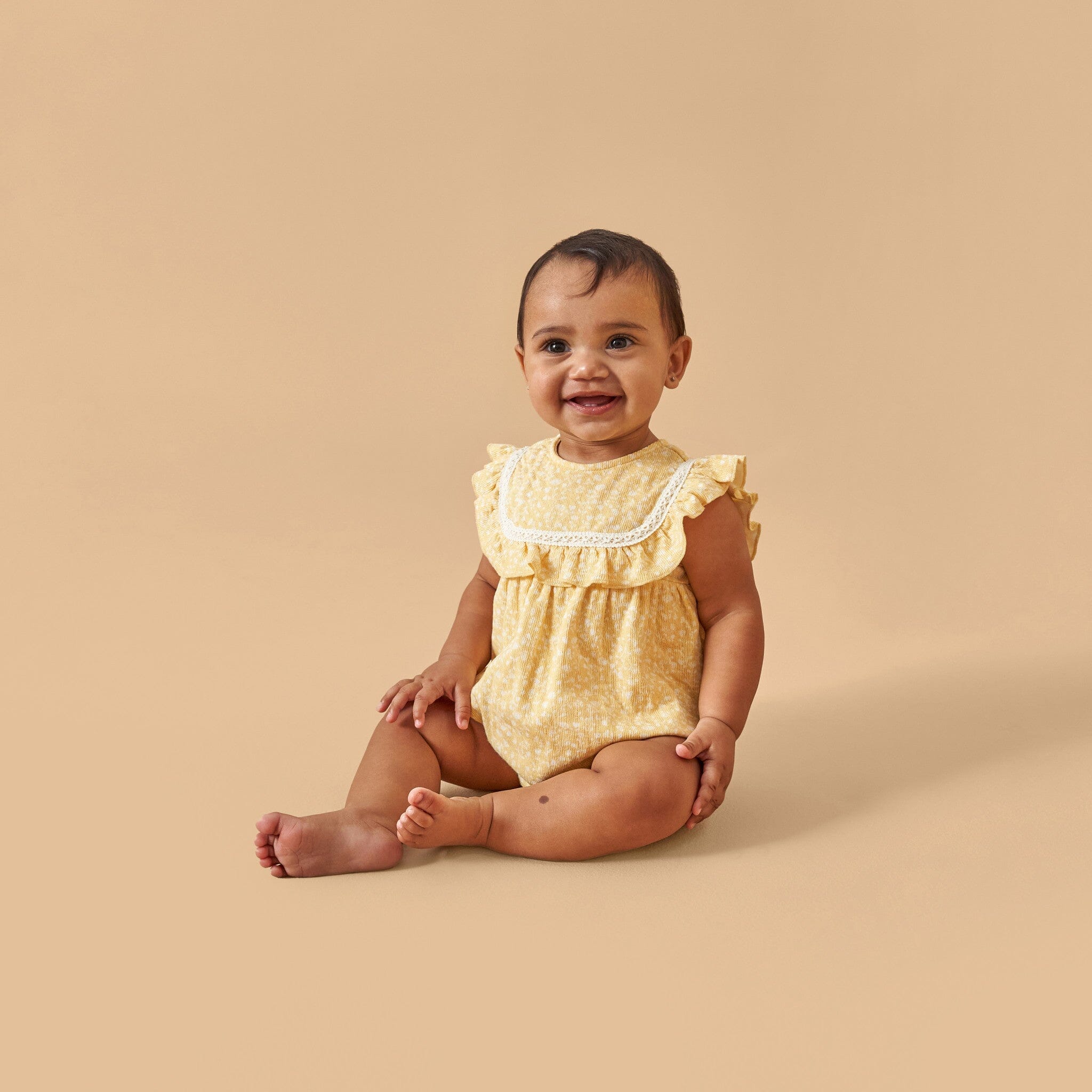 Baby Girls Yellow Vine Flower Ruffle Bubble Romper Gerber Childrenswear Baby Girls Yellow Vine Flower Ruffle Bubble Romper Gerber Childrenswear