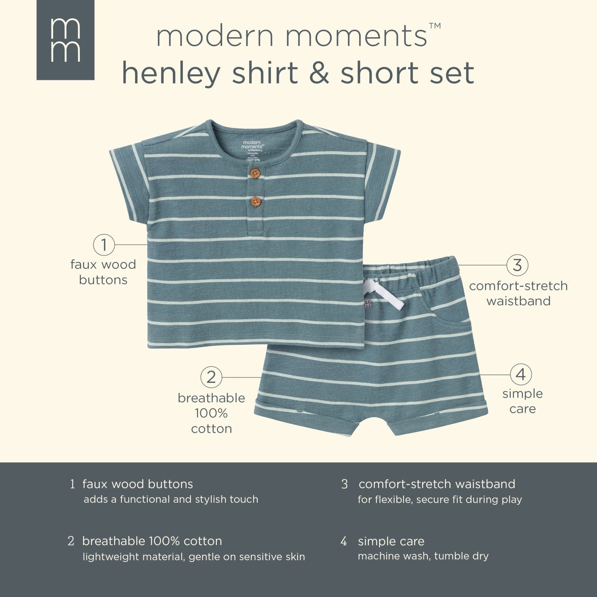 2-Piece Baby Boys Medium Teal Stripe Henley Shirt and Shorts Set outfits Modern Moments™ by Gerber® 
