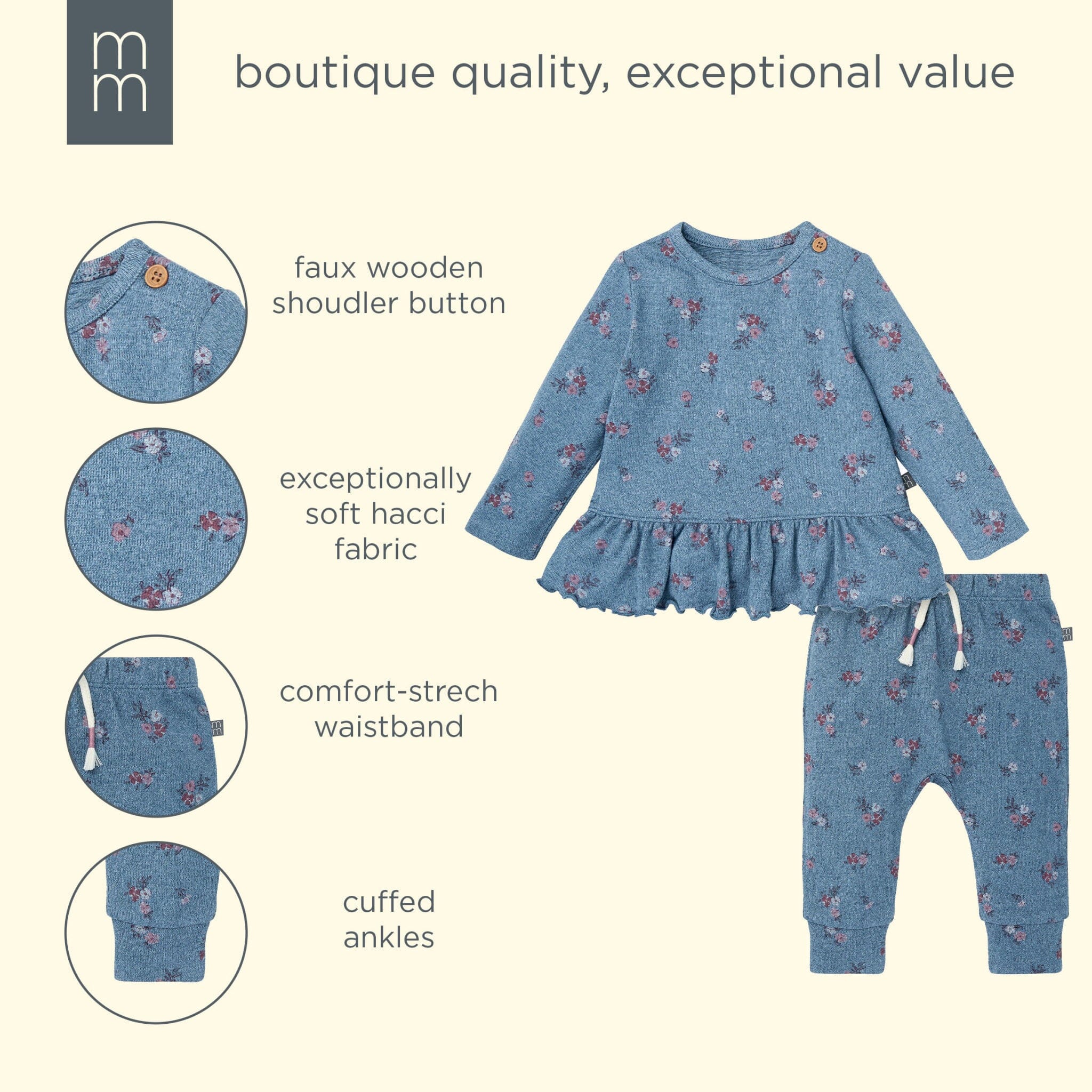2-Piece Baby Girls Blue Floral Hacci Peplum Top and Pants outfits modern moments™ by Gerber® 