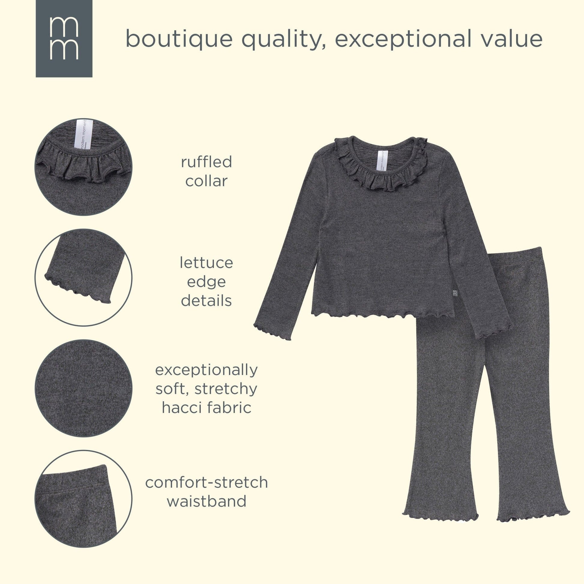 2-Piece Infant & Kids Girls Dark Grey Ruffle Collar Top and Flare Pant Set outfits modern moments™ by Gerber® 
