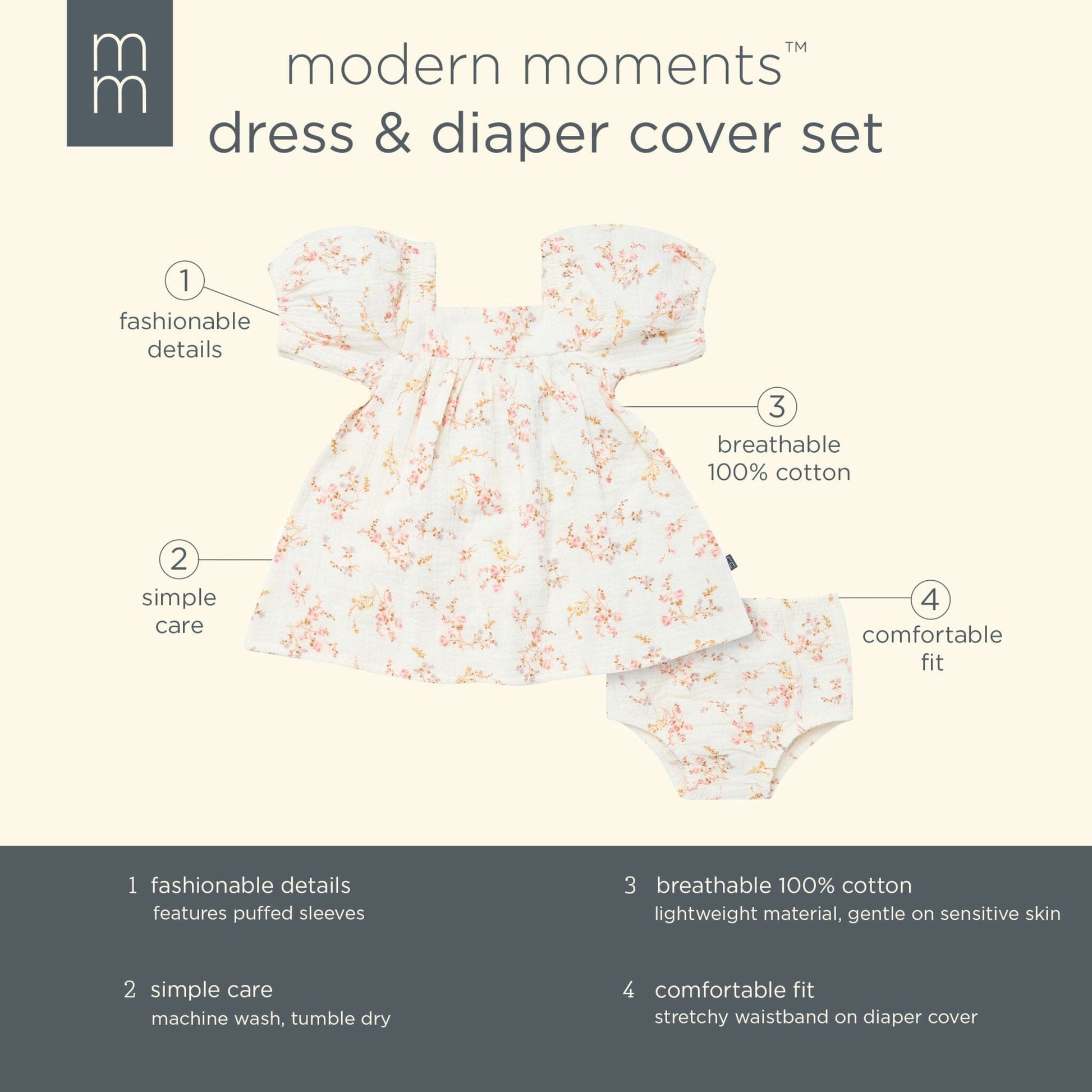 2-Piece Baby Girls Ivory Bunches Floral Puffed Sleeve Dress and Diaper Cover Set dresses Modern Moments™ by Gerber® 