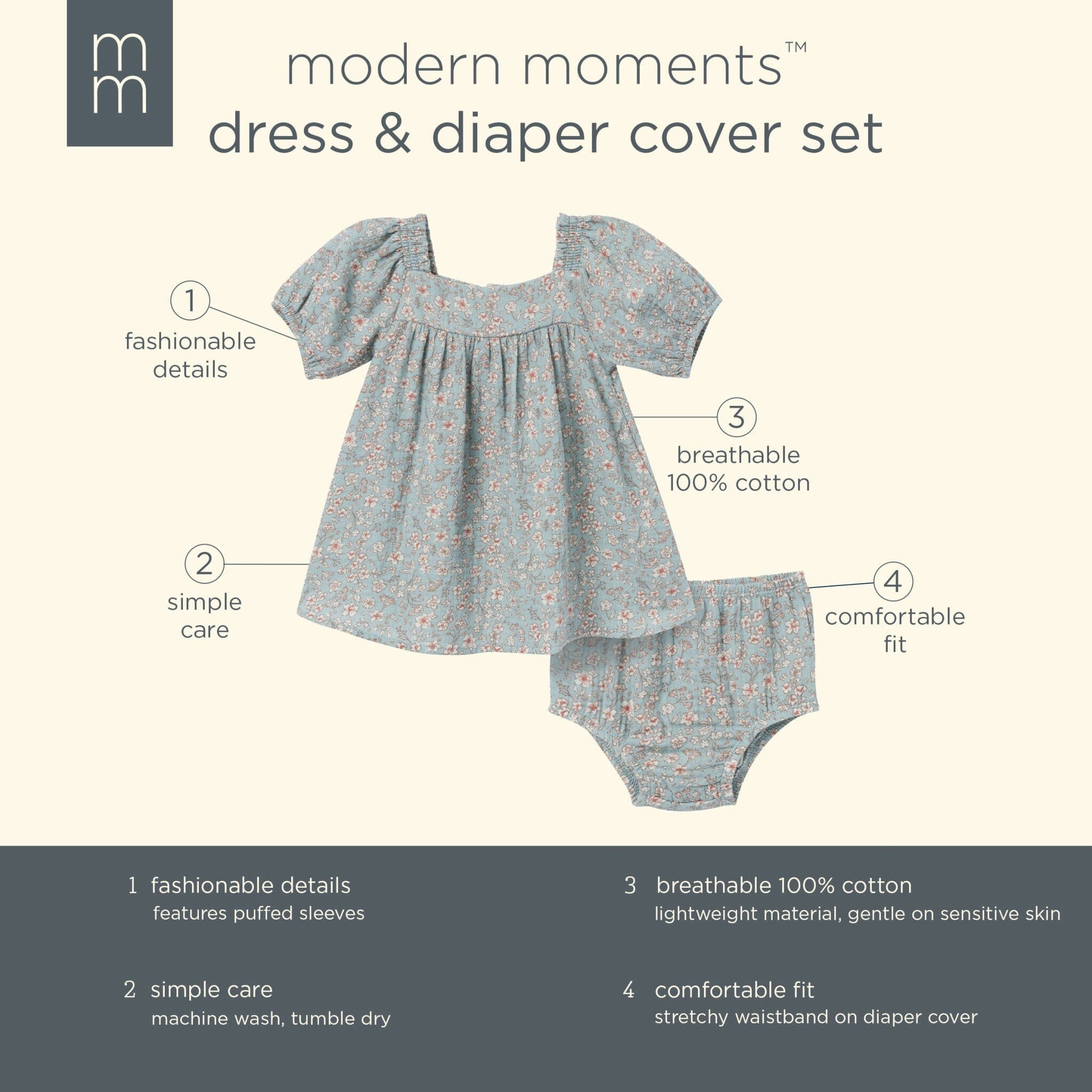 2-Piece Baby Girls Medium Teal Ditsy Puffed Sleeve Dress and Diaper Cover Set dresses Modern Moments™ by Gerber® 