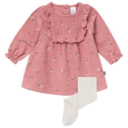 2-Piece Baby Girls Old Rose Floral Dress and Tights Set