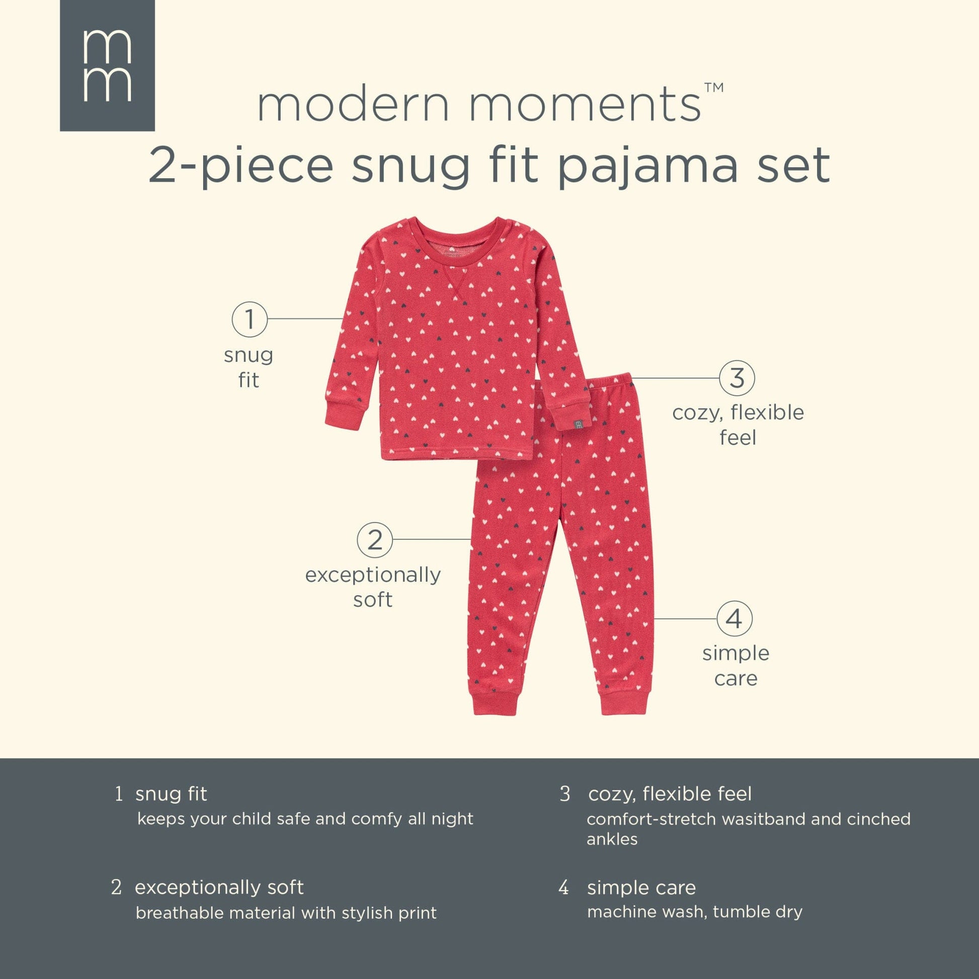 2-Piece Infant and Toddler Neutral Red Hearts Tight Fitting Pajamas Set sleepwear Modern Moments™ by Gerber® 