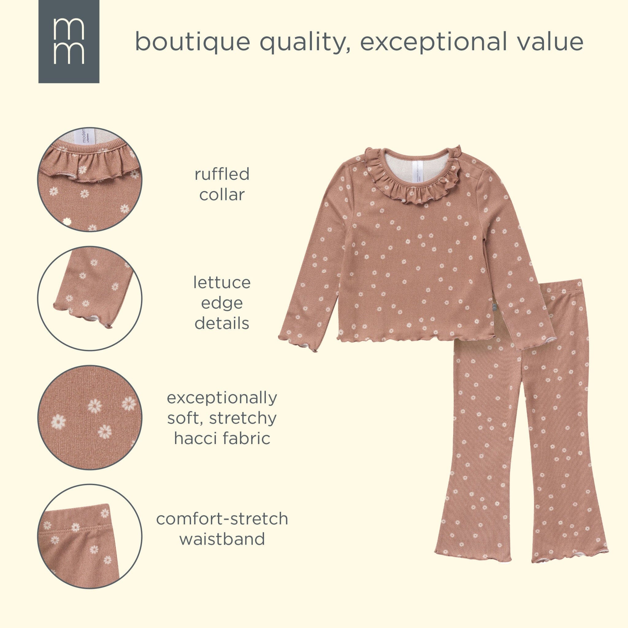 2-Piece Girls Brown Daisies Ruffle Collar Top and Flare Pant Set outfits modern moments™ by Gerber® 