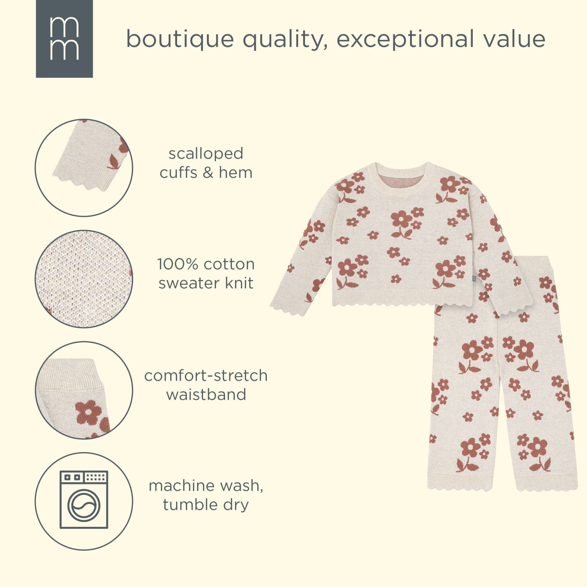 2-Piece Baby Girls Nutmeg Flowers Jacquard Seater Knit Top and