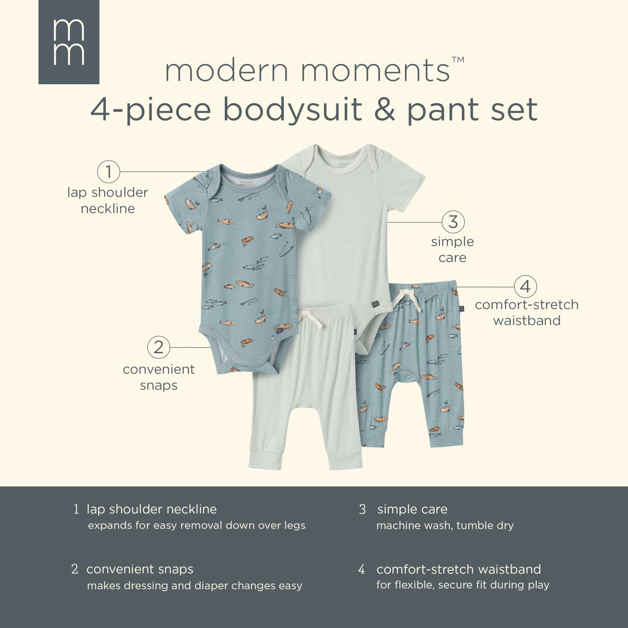 4-Pack Baby Boys Medium Teal Fishing Bodysuit and Pant Set outfits Modern Moments™ by Gerber® 