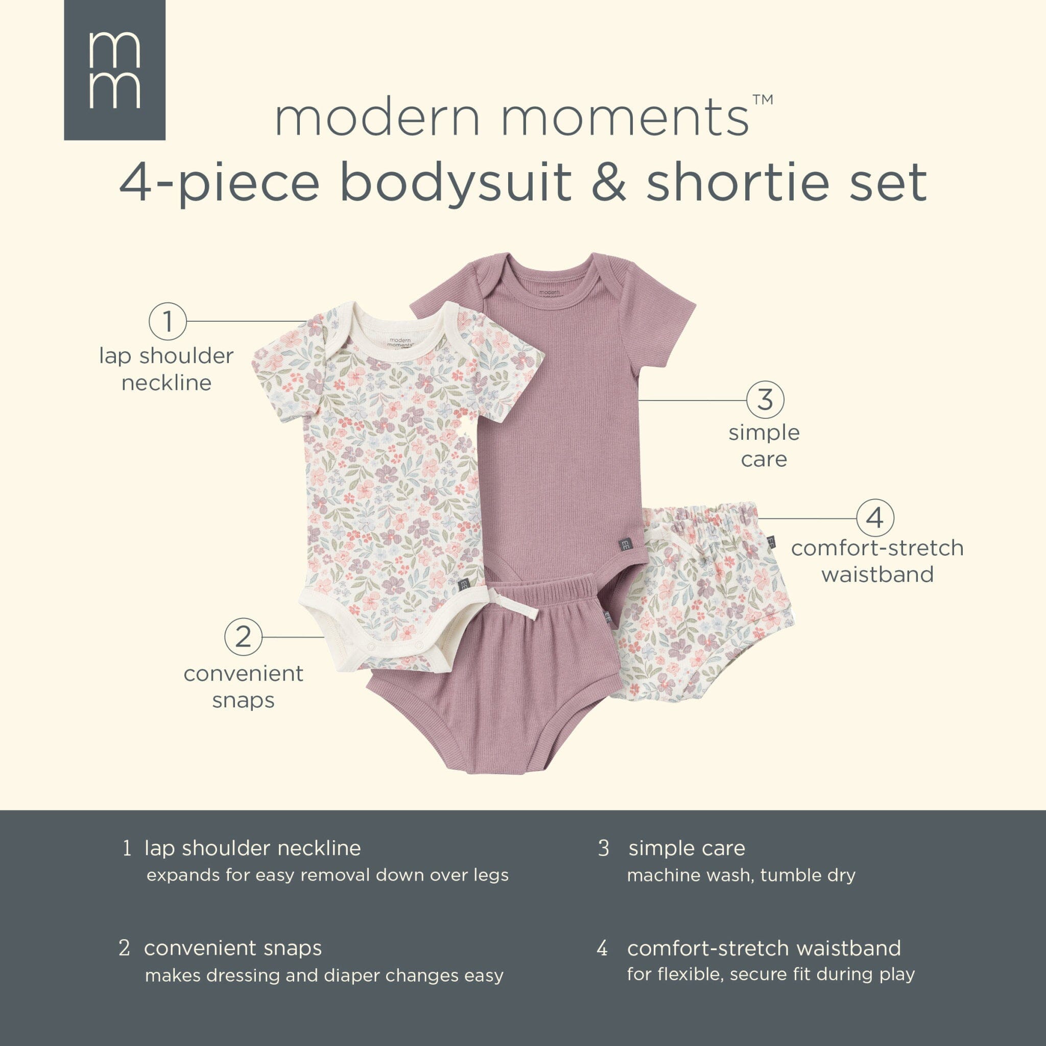 4-Pack Baby Girls Ivory Garden/Medium Lilac Short Sleeve Bodysuit and Shorts Set outfits Modern Moments™ by Gerber® 