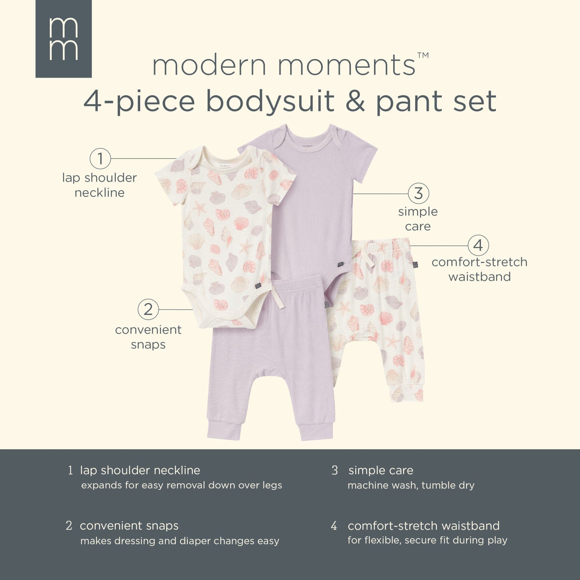 4-Pack Baby Girls Ivory Seashells Bodysuit and Pant Set outfits Modern Moments™ by Gerber® 