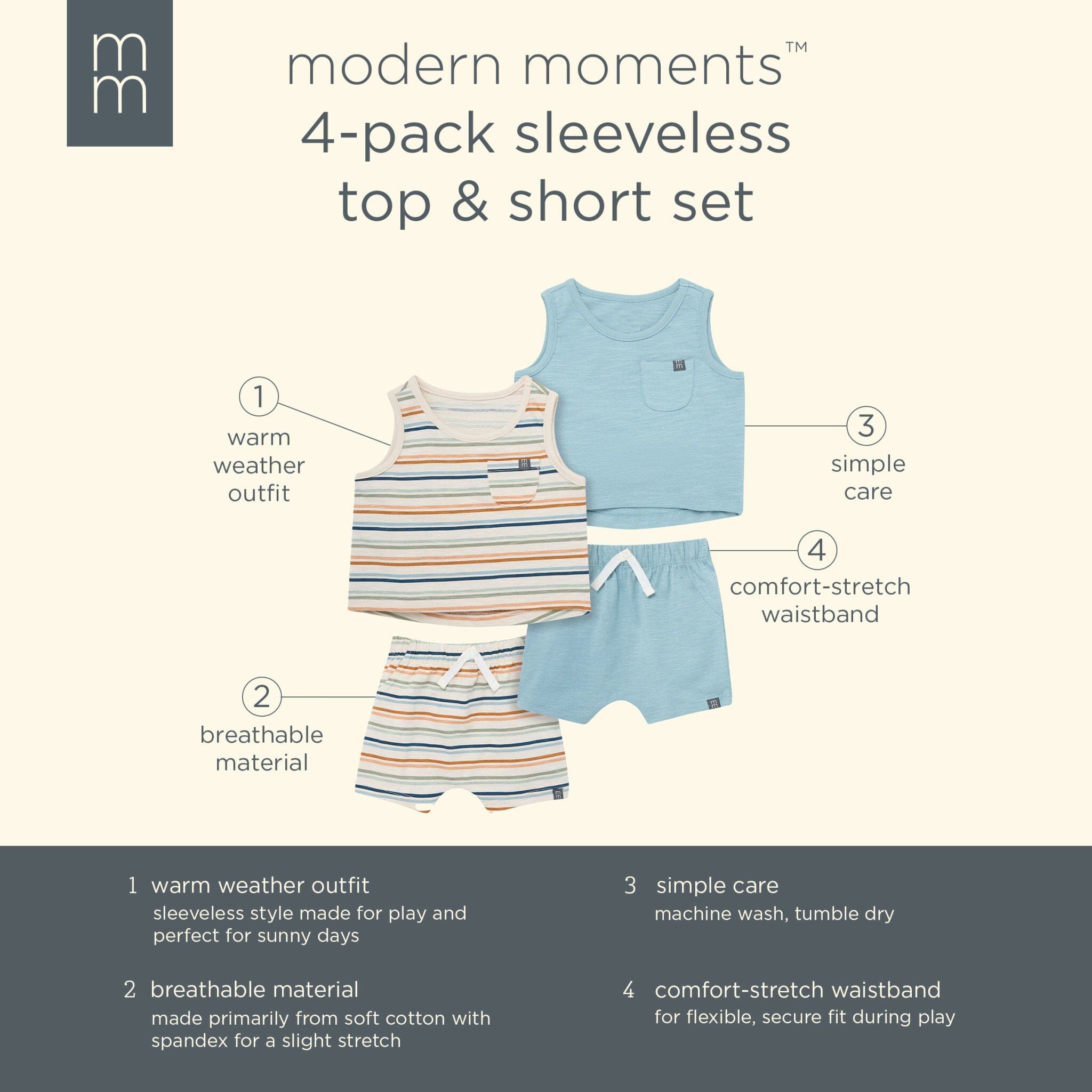 4-Piece Baby Boys Beige Stripe/Medium Teal Sleeveless Shirt and Shorts Set outfits Modern Moments™ by Gerber® 