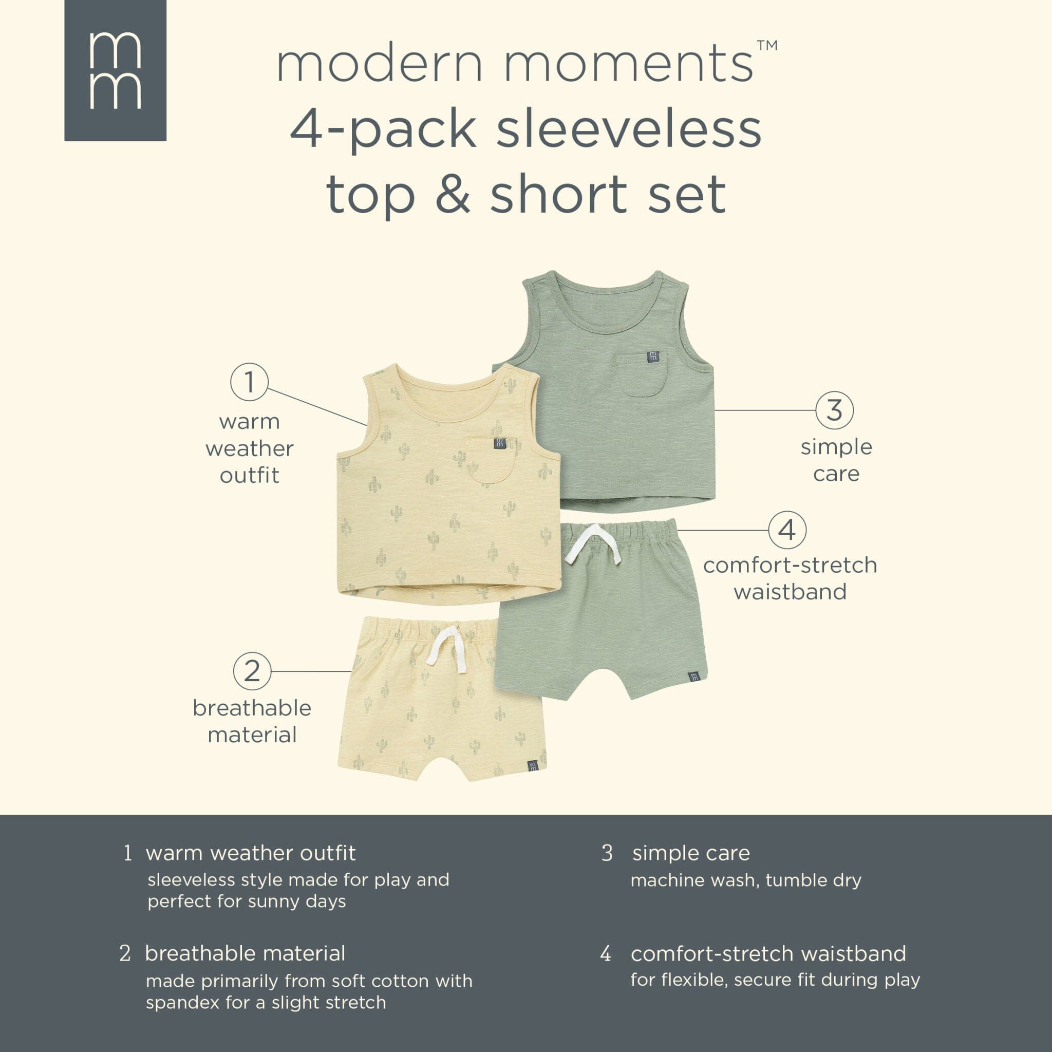 4-Piece Baby Boys Dusty Yellow Cactus/Medium Green Sleeveless Shirt and Shorts Set outfits Modern Moments™ by Gerber® 