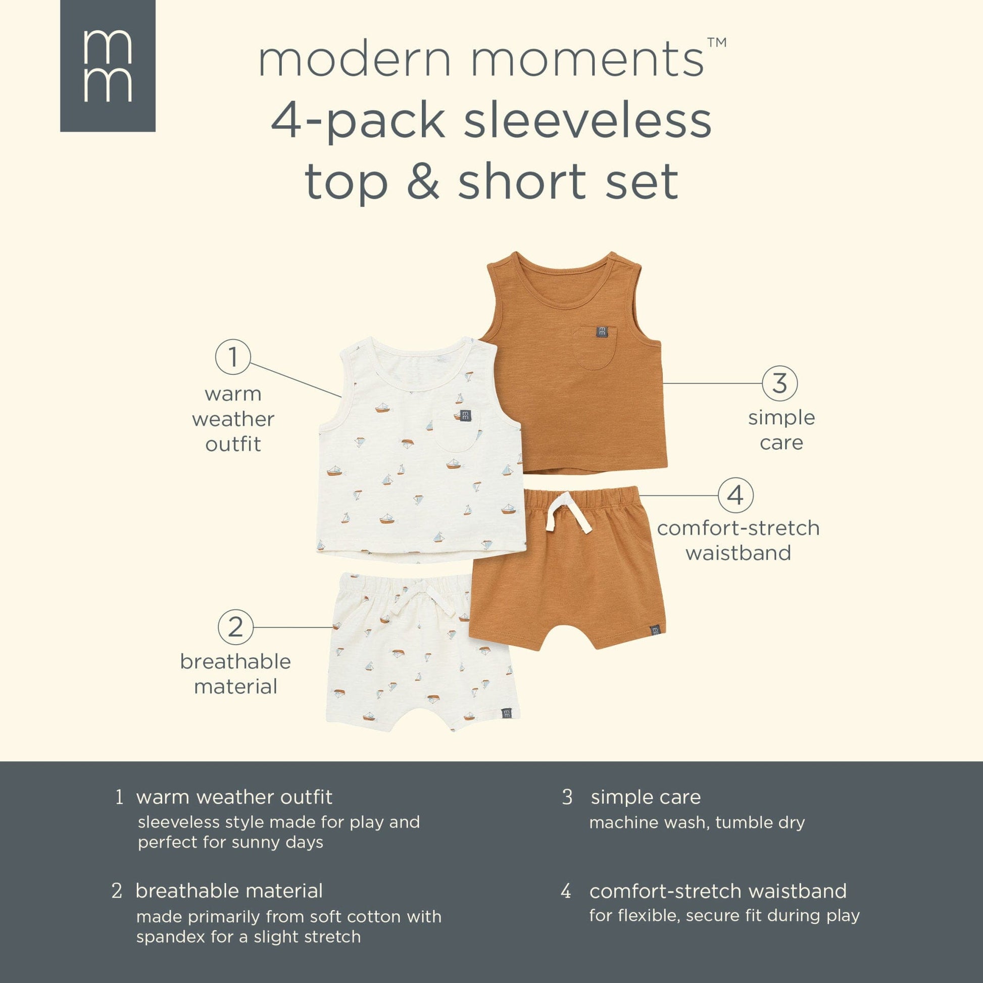4-Piece Baby Boys Ivory Sailboats/Medium Brown Sleeveless Shirt and Shorts Set outfits Modern Moments™ by Gerber® 