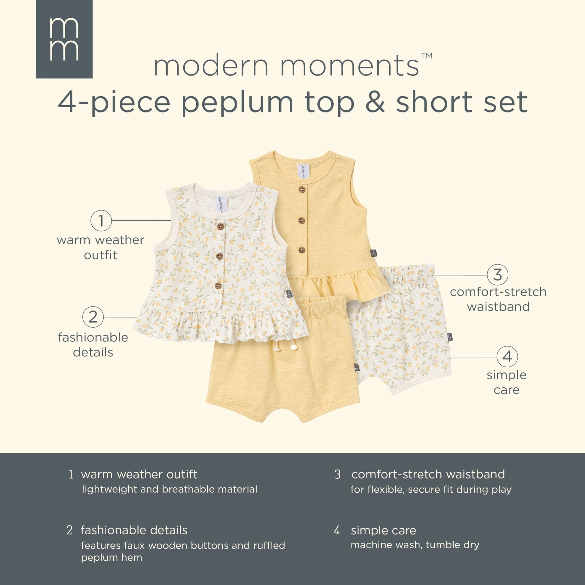 4-Piece Baby Girls Ivory Lemon Vines/Light Yellow Sleeveless Peplum Tops and Shorts Set outfits Modern Moments™ by Gerber® 
