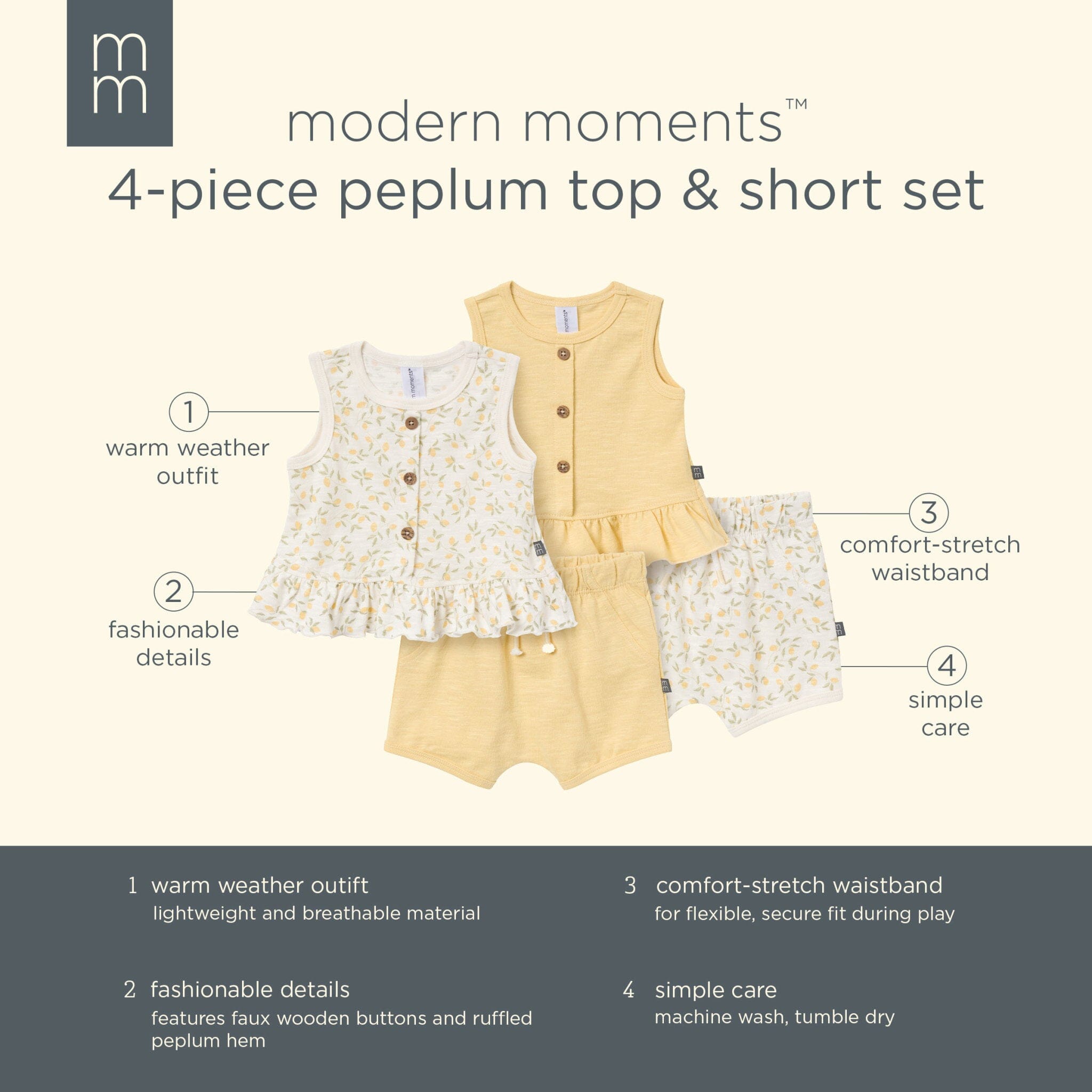 4-Piece Baby Girls Ivory Lemon Vines/Light Yellow Sleeveless Peplum Tops and Shorts Set outfits Modern Moments™ by Gerber® 