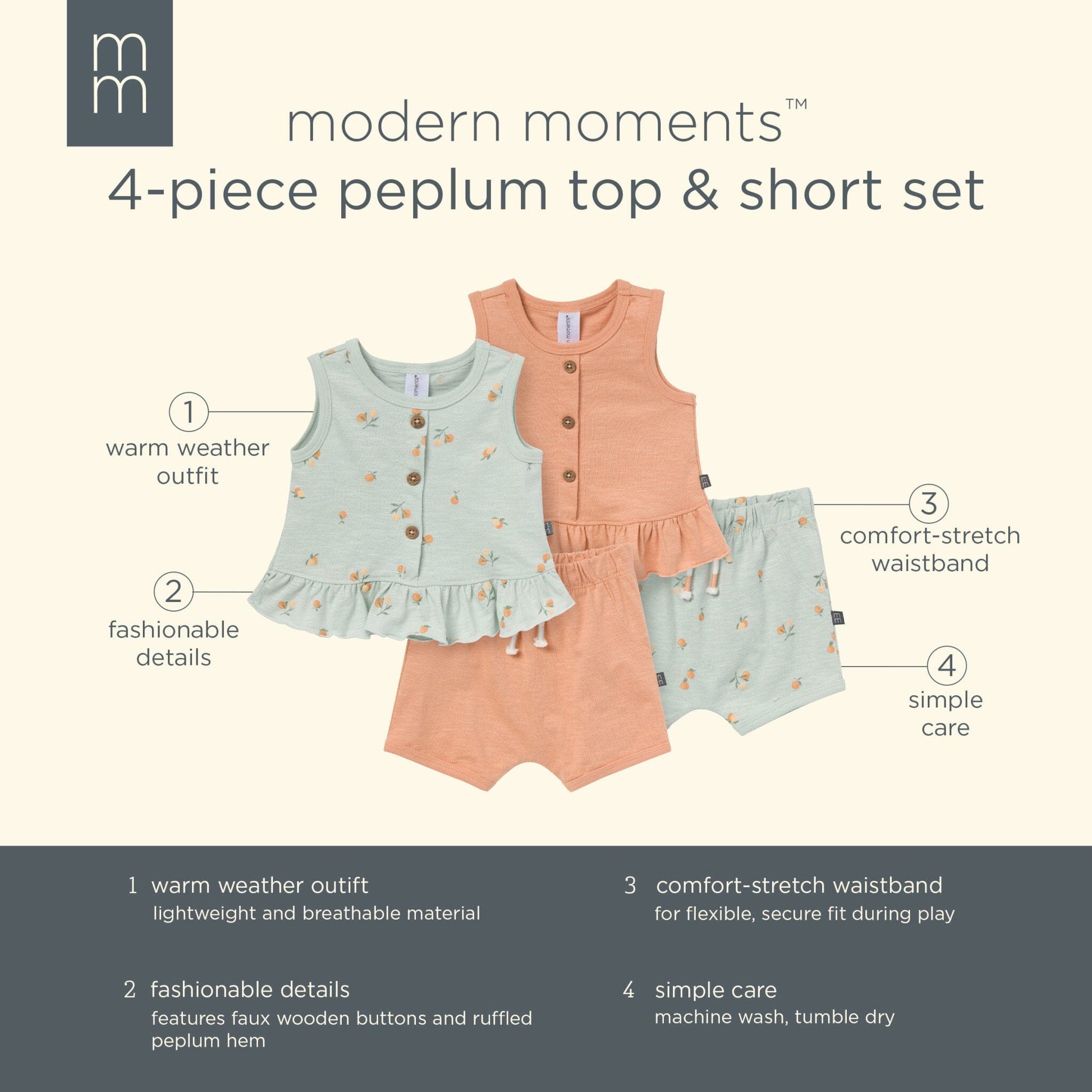4-Piece Baby Girls Light Sky Oranges/Tan Sleeveless Peplum Tops and Shorts Set outfits Modern Moments™ by Gerber® 