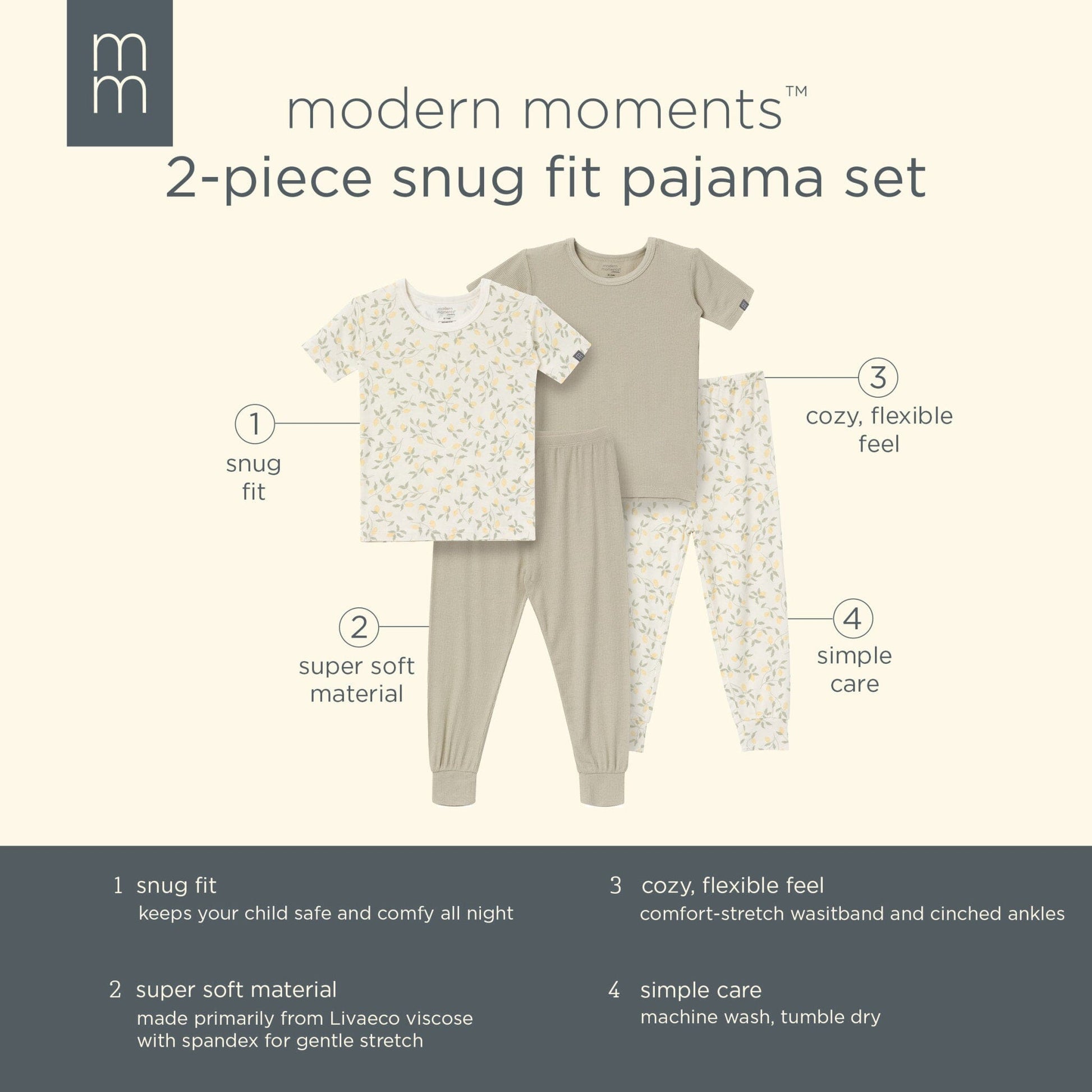 4-Piece Infant & Toddler Girls Ivory Lemon Vine Tight Fitting Pajamas Set sleepwear Modern Moments™ by Gerber® 